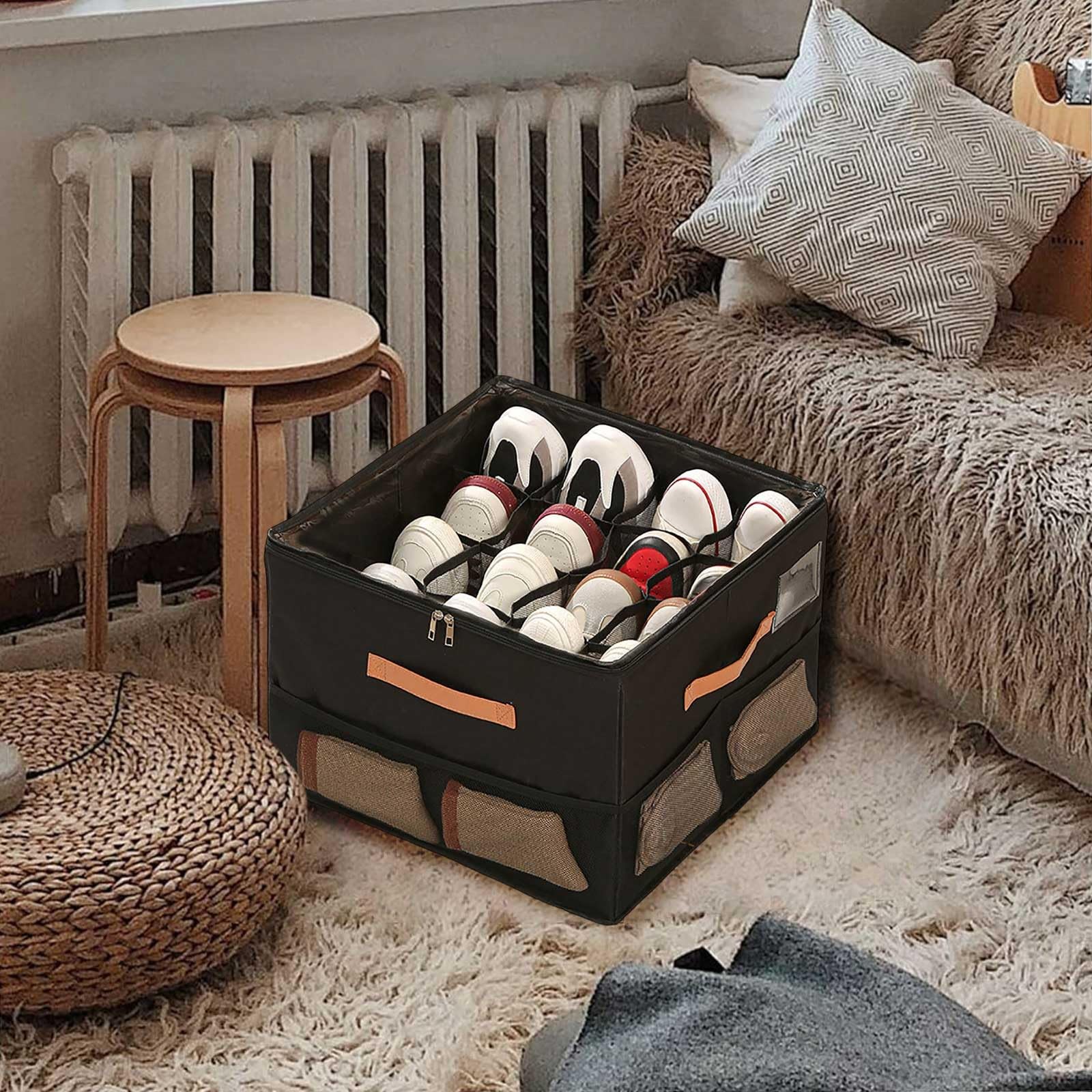 Fabric Shoe Organizer for Closet, Home Textile Storage Organizer With Side Pockets and Sturdy Handles, Foldable Organizer Storage Box for Home Livingroom Bedroom (Black)
