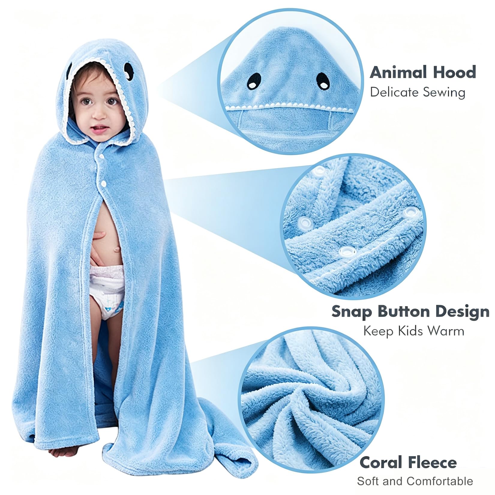 Badetücher für Kinder,Premium Kapuzen Handtücher für Kleinkinder Hochsaugfähiger Coral Fleece-Bademantel für Jungen Mädchen-140X70MM (Blauer Hai)