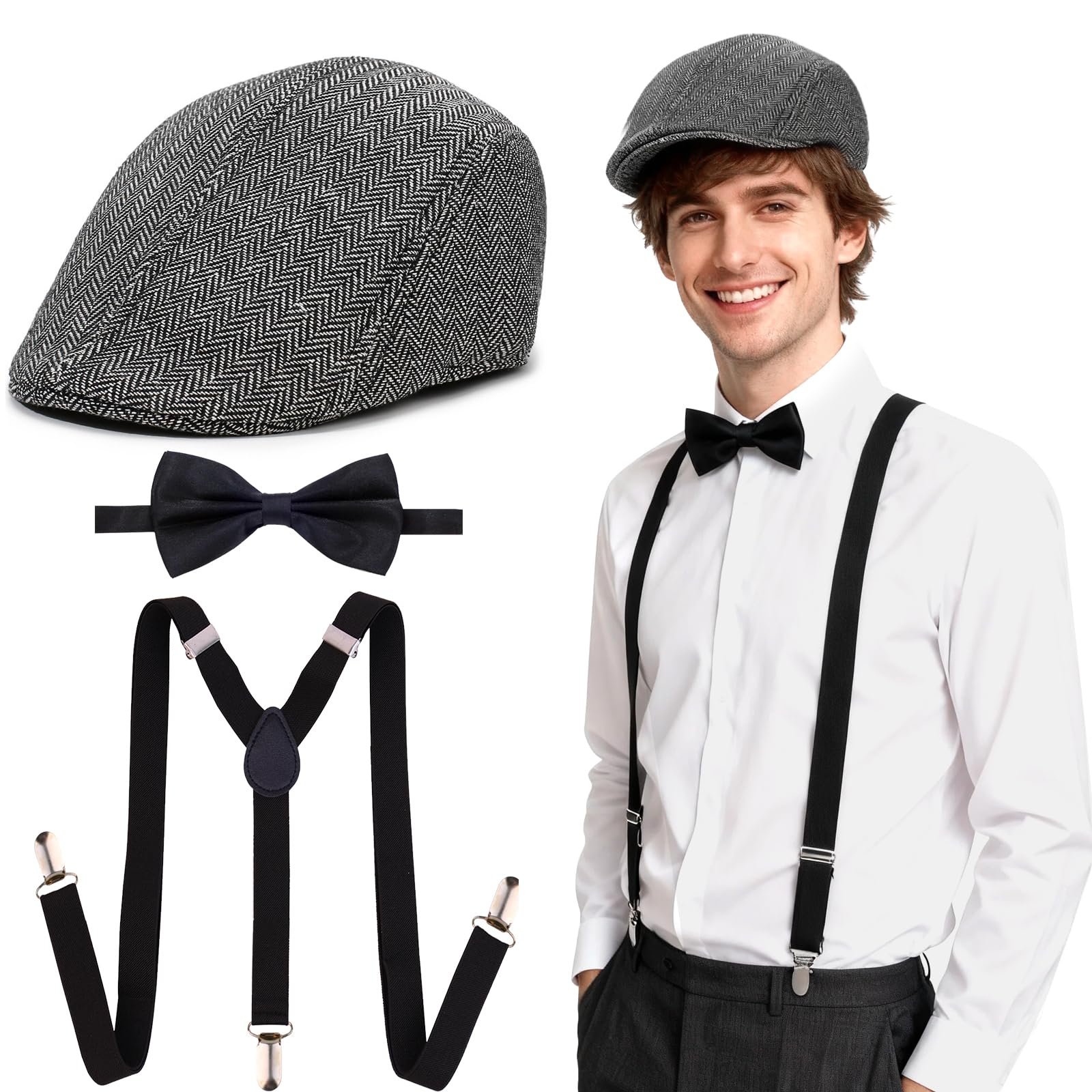AffeGifts 1920s Accessories for Men 3pcs, Great Gatsby Costume Men Include Gangster Hat, Suspender
