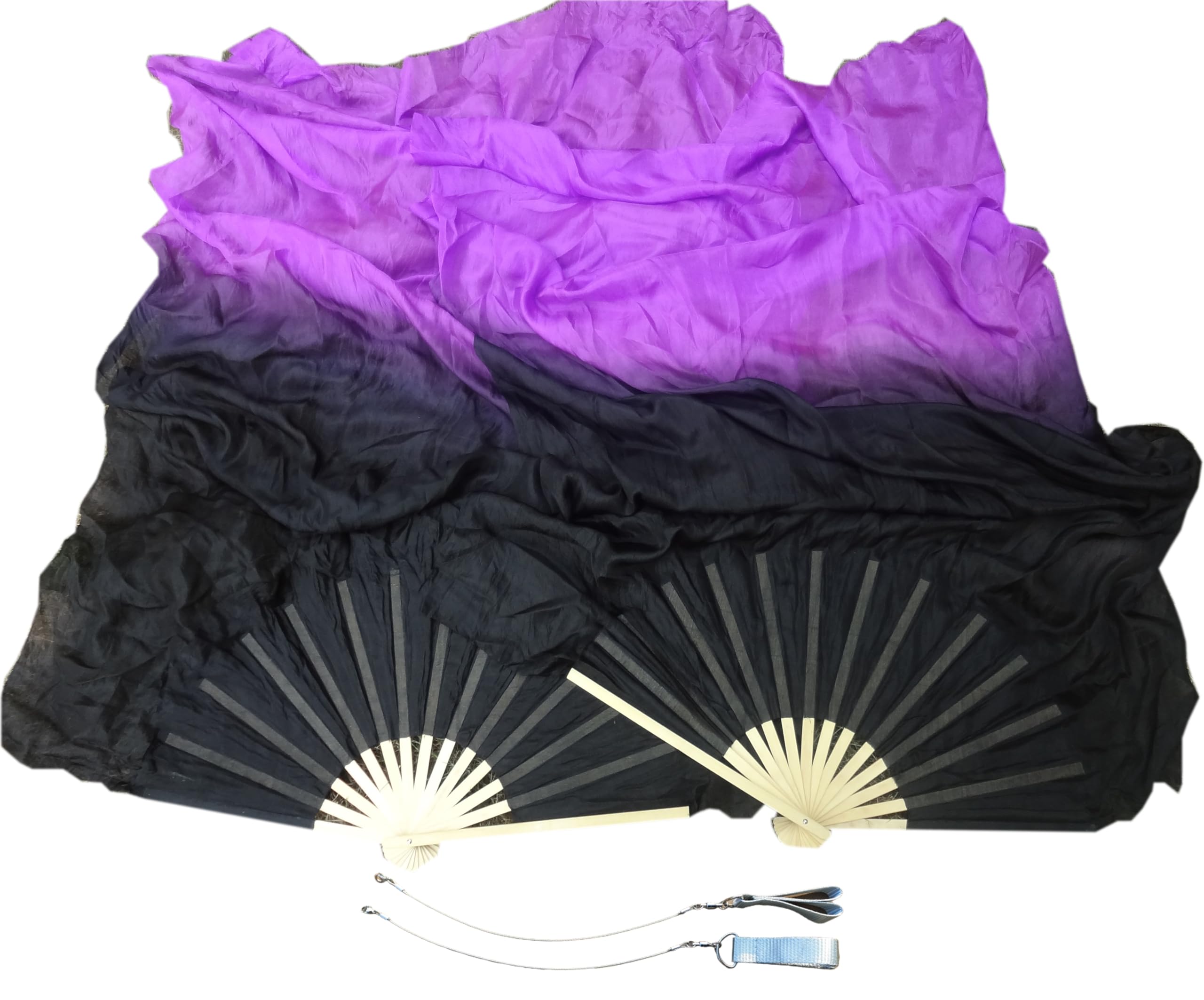 Winged Sirenny Pair Spinning Silk Fan Veils with Poi Strings,150cm (59") Fan Pois for Belly Dance, Flow Arts & Performance, with Adjustable Bamboo Handles & Carry Bag (black-purple)