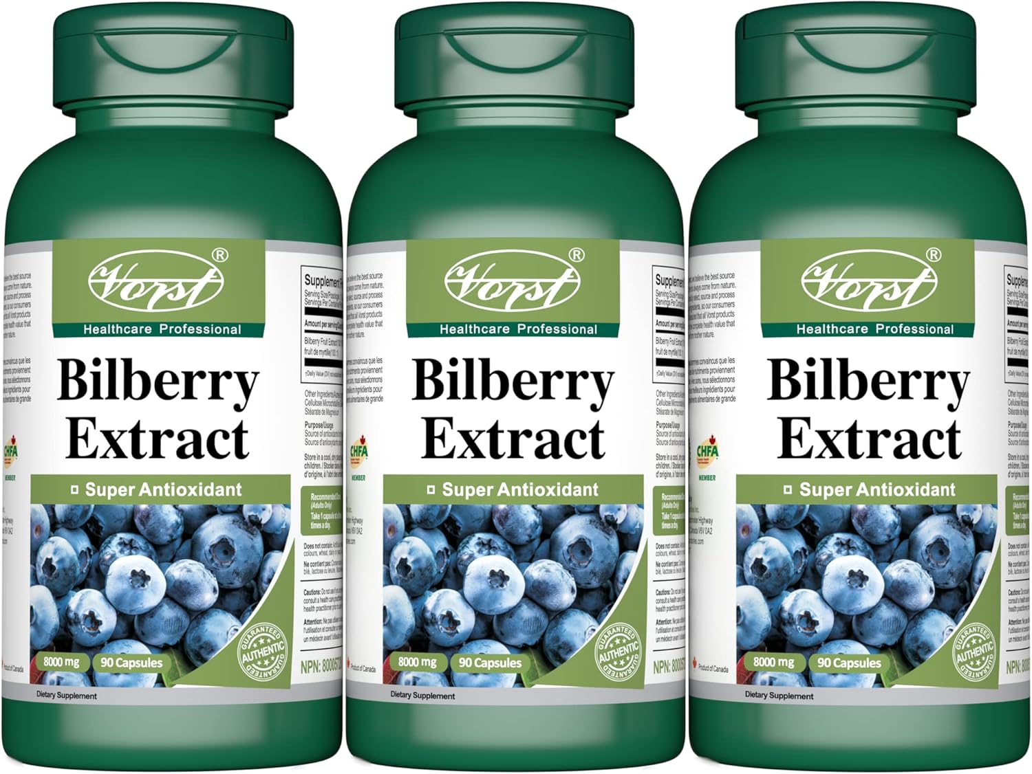 Bilberry Extract 8000mg (80mg 1001) Equivalent Raw Herb 3 X 90