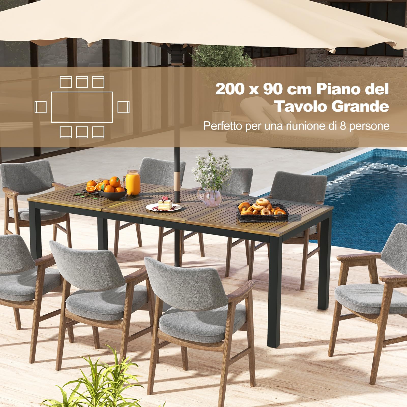 COSTWAY Tavolo da Pranzo a 8 Posti, Tavolo da Giardino 200 cm in Legno di Acacia, con Foro per Ombrellone da 5 cm, Gambe in Metallo, per Giardino, Cortile, Portata 75 kg (Modello 1)