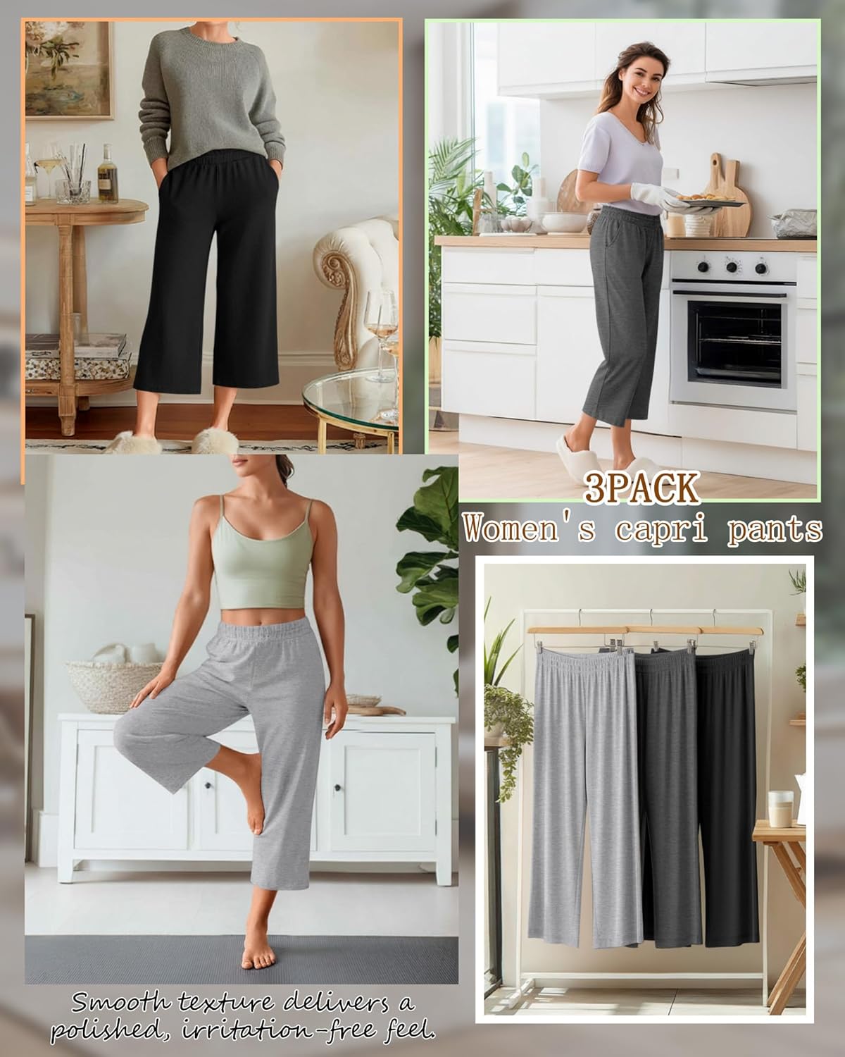 3 Pack Women's Wide Leg Capris Loose Cropped Yoga Pants Elastic Soft Sweatpants Capri Trousers with Pockets - Image 2