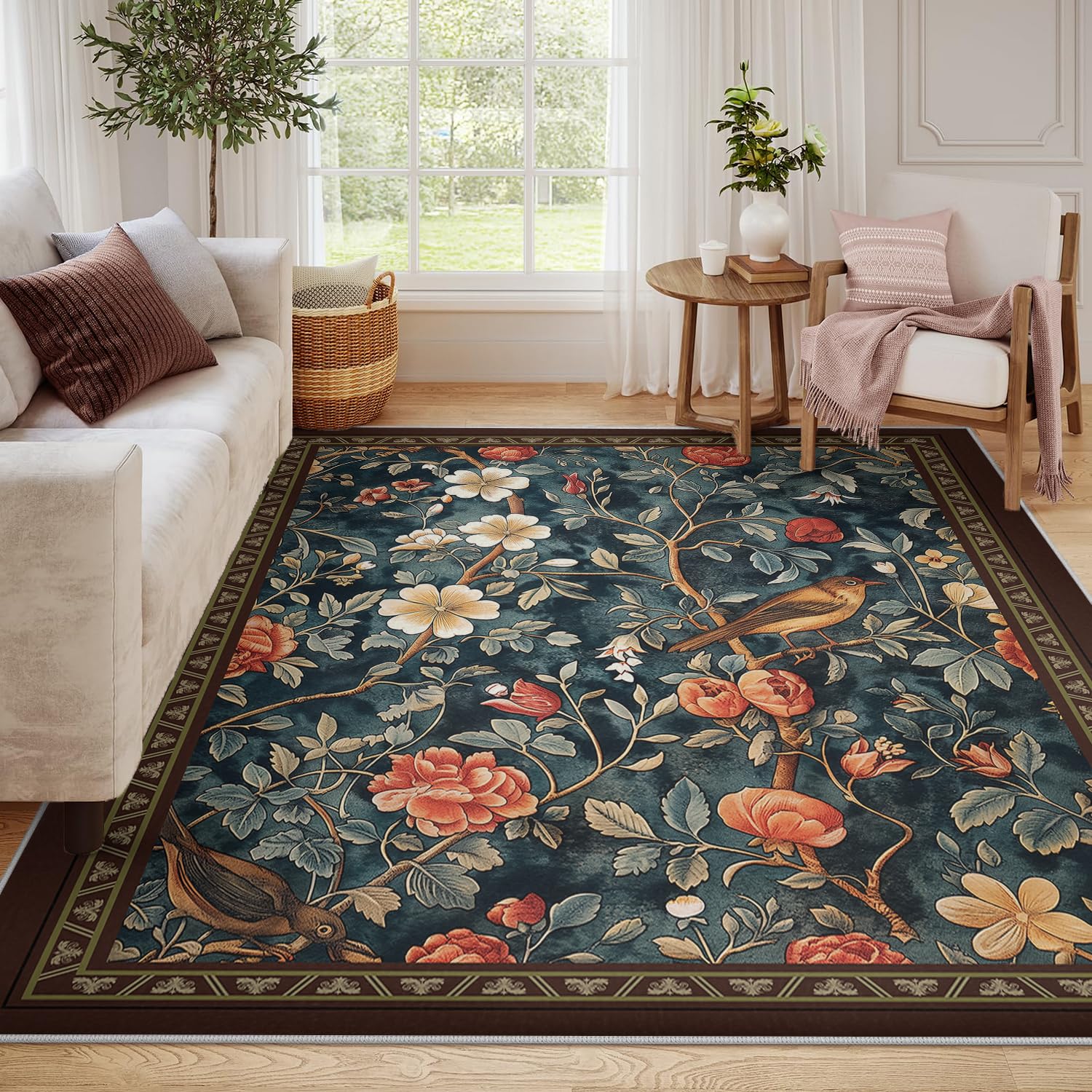 Nadający się do prania dywan 200 x 300 cm, dywan powierzchniowy do salonu, vintage, botaniczny, piwonie, ptak, do sypialni, miękki, boho, antypoślizgowy, z gumowym spodem, płaskie runo, do jadalni