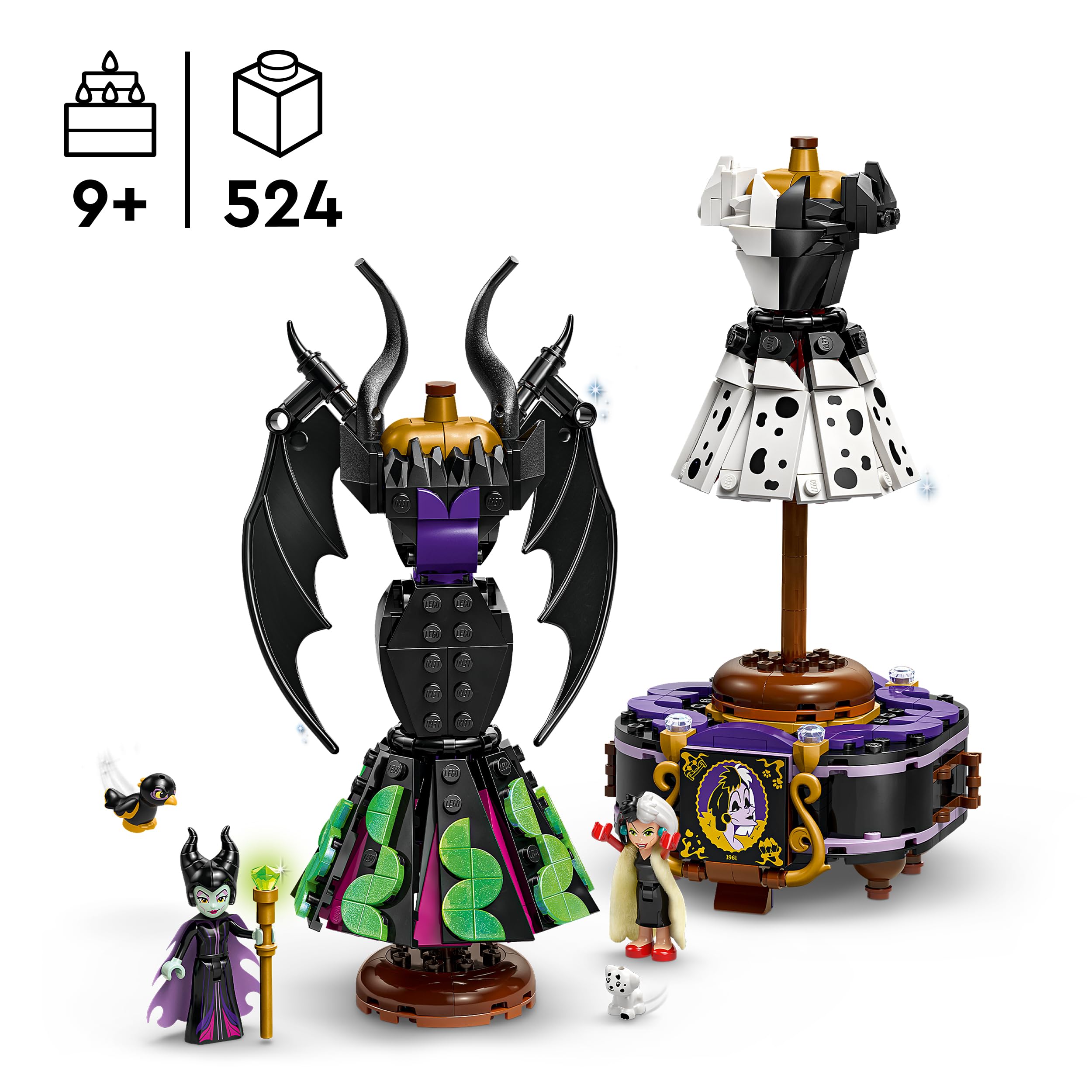 LEGO ǀ Disney Suknie Diaboliny i Cruelli De Mon 43262 | 2 sukienki i 2 minilaleczki, zabawka dla 9-latki, kreatywny prezent dla fana Disneya, zestaw klocków dla dzieci, 524 elementy