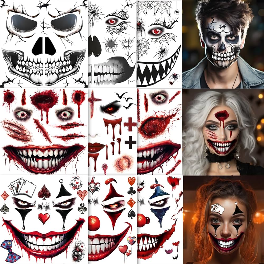 Amazon.com : ENYACOS halloween face tattoos, skeleton clown face