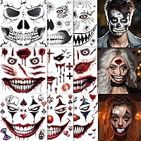 Vista 7 de 5 hojas de tatuajes faciales aterradores de Halloween + 1 hoja de tatuaje de cicatrices falsas, tatuaje de boca sangrienta, maquillaje de zombi