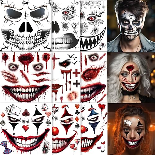 Miniatura 7 de 5 hojas de tatuajes faciales aterradores de Halloween + 1 hoja de tatuaje de cicatrices falsas, tatuaje de boca sangrienta, maquillaje de zombi de