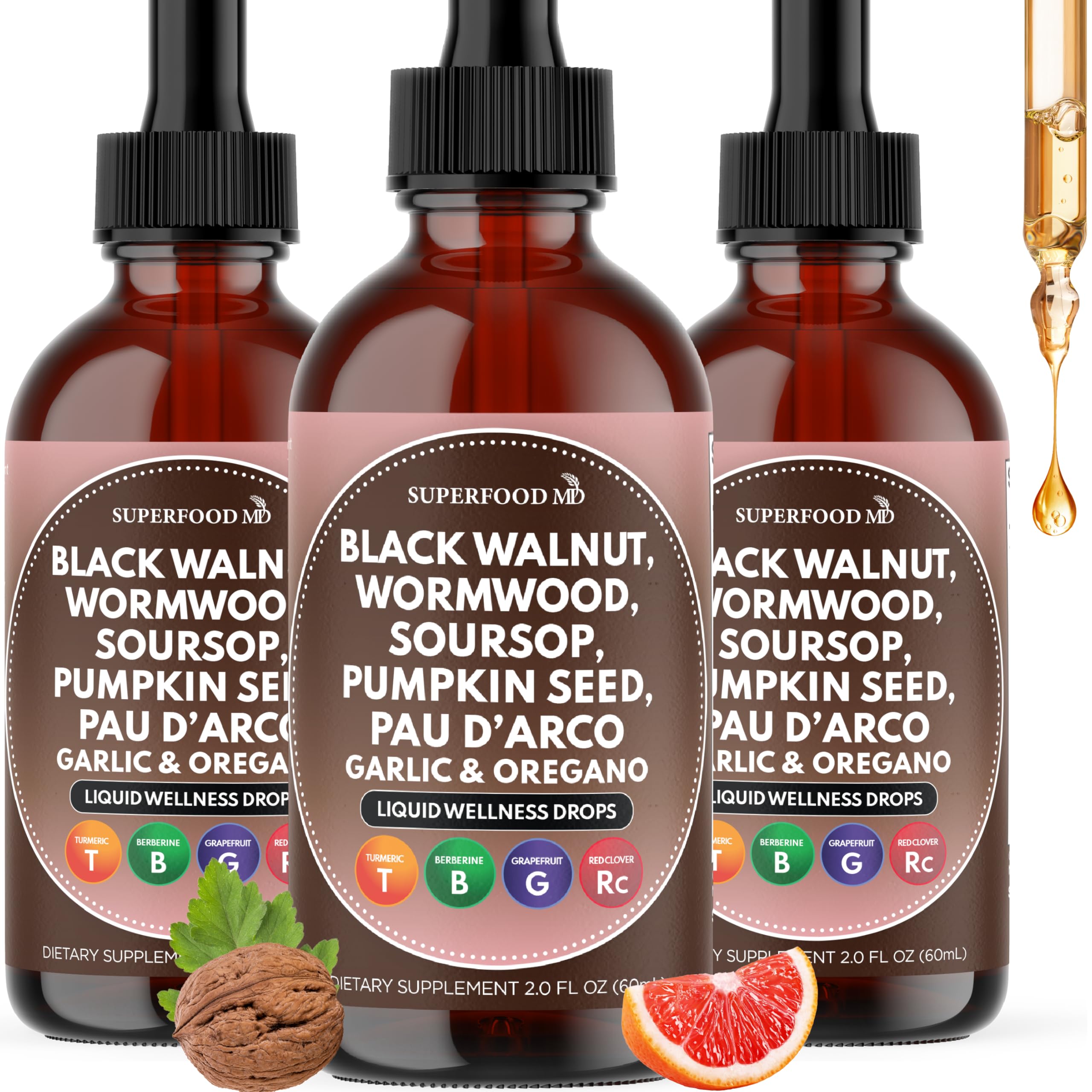 Wormwood Black Walnut Cleanse for Humans Drops Liquid Soursop Garlic Pumpkin Seed PAU D'Arco Oil of Oregano Turmeric Berberine Neem Extract Hull Bark Tincture - 6 oz 6 Fl. Oz (Pack of 3)