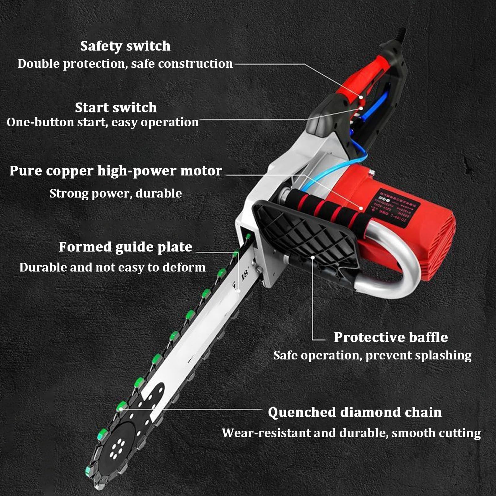 Motosega Elettrica Per Cemento E Muri - Taglia Fino A 35cm, Con Catena Diamantata, 5800W