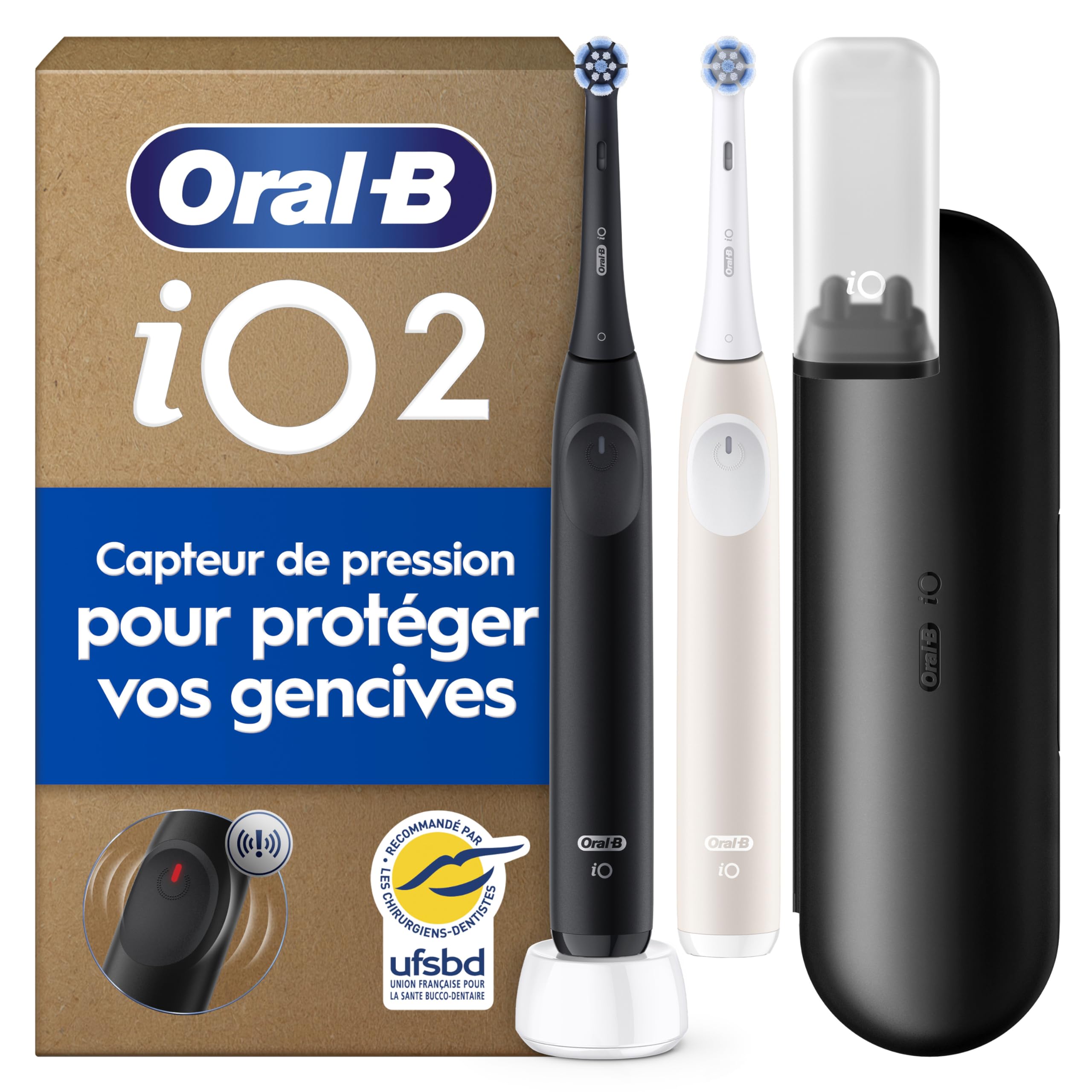 Oral-B Brosses à Dents Electriques iO 2 Duo, 2 Brossettes de Rechange, Noire et Rose – 3 Modes de Brossage dont Douceur, Capteur de Pression sur les Gencives, Batterie Rechargeable, avec Etui