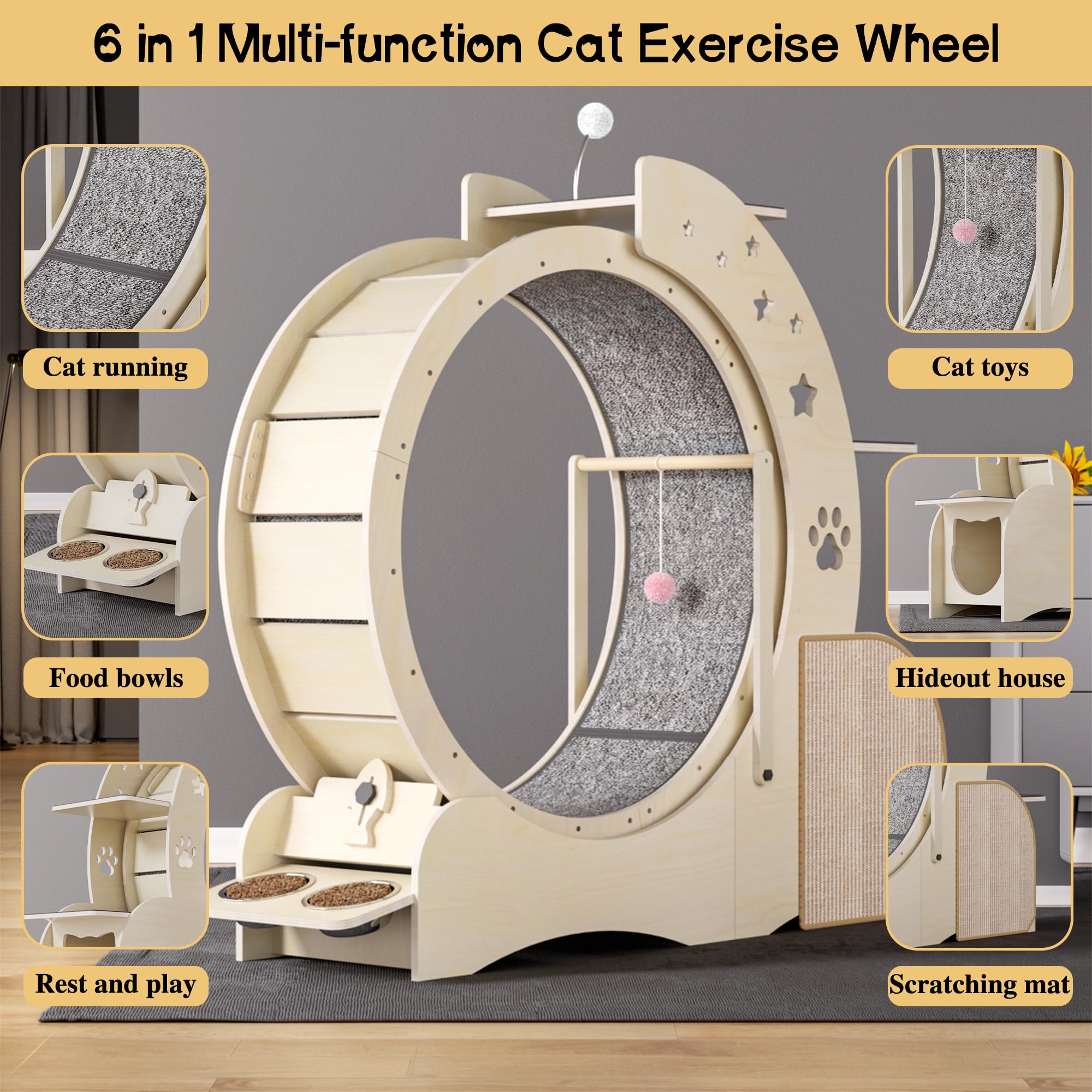 Ruota per Gatti 5 in 1 in Legno Multifunzionale Bloccabile Ruota per Esercizi per Gatti Tiragraffi a Scaletta per Gatti a 3 Livelli con 2 Ciotole Giocattoli Interattivi per Gatti