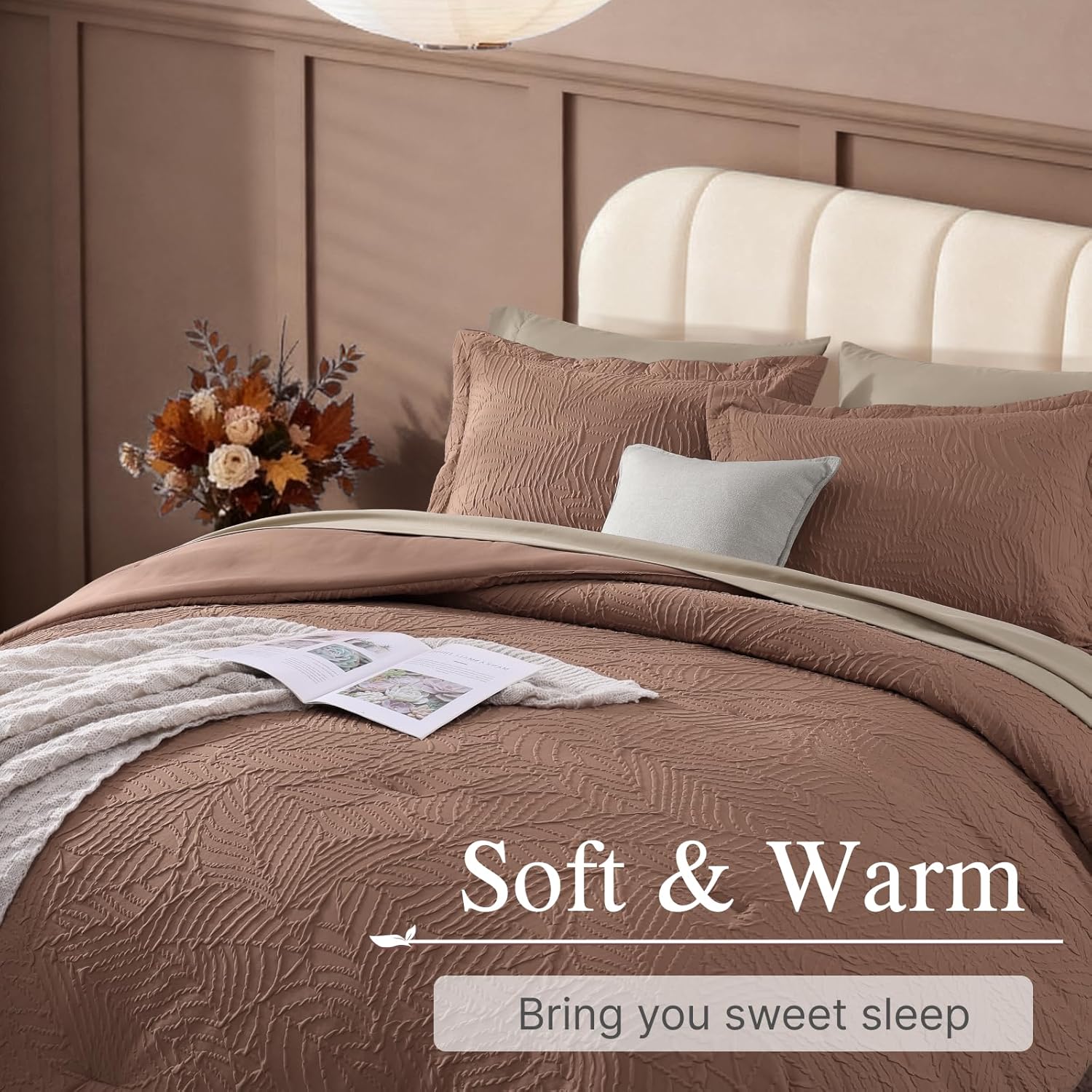 Geniospin Queen Comforter Set - 7 Pieces Brown Textured Queen Bedding Sets with Comforter, Sheets, Pillowcases & Shams,All Season Brown Bedding - Image 3