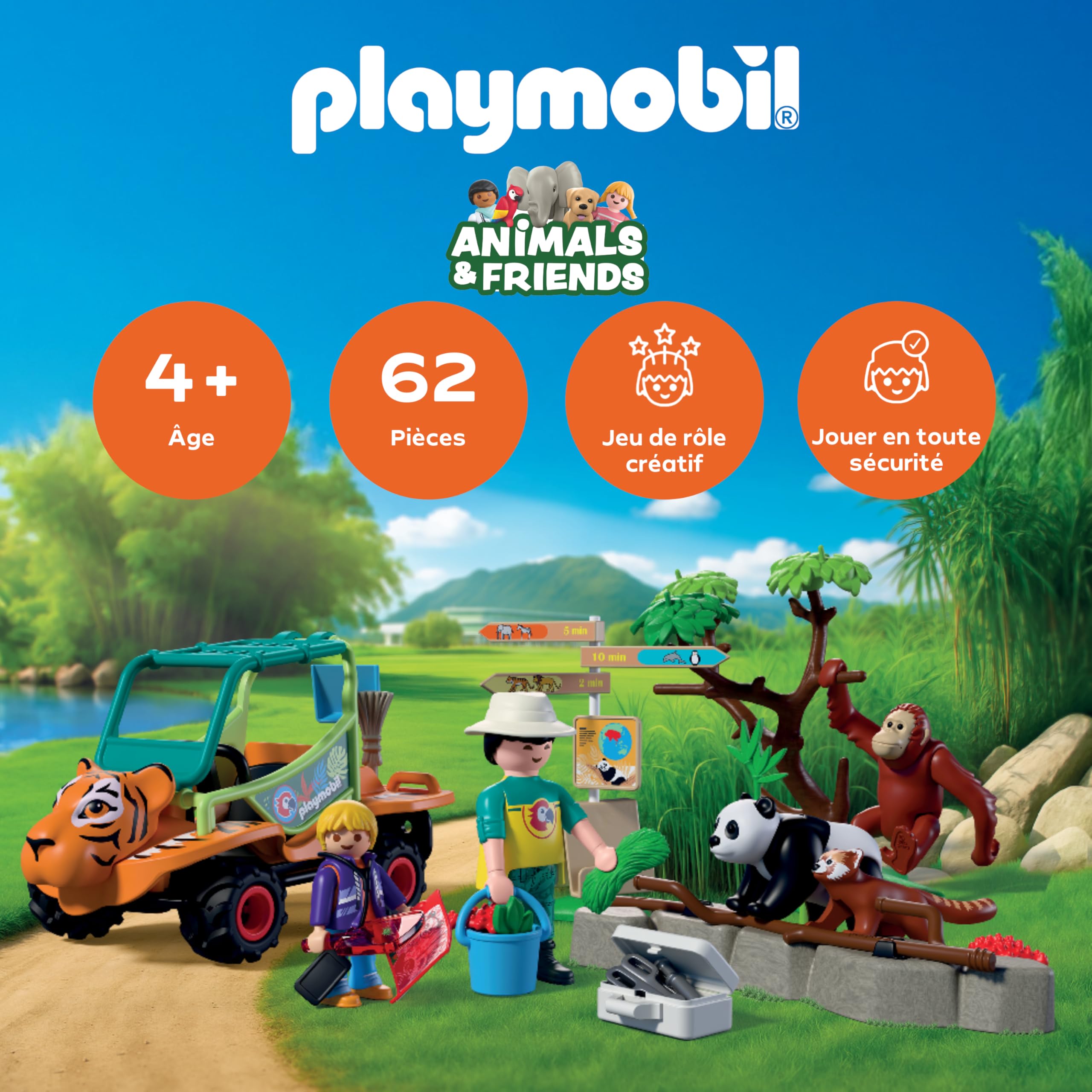 Playmobil | Animals & Friends | Zoo Gardien de Zoo et véhicule | Véhicule décoré d'une tête de Tigre et de 3 Animaux| Jouet pour Enfants à partir de 4 Ans | 72072