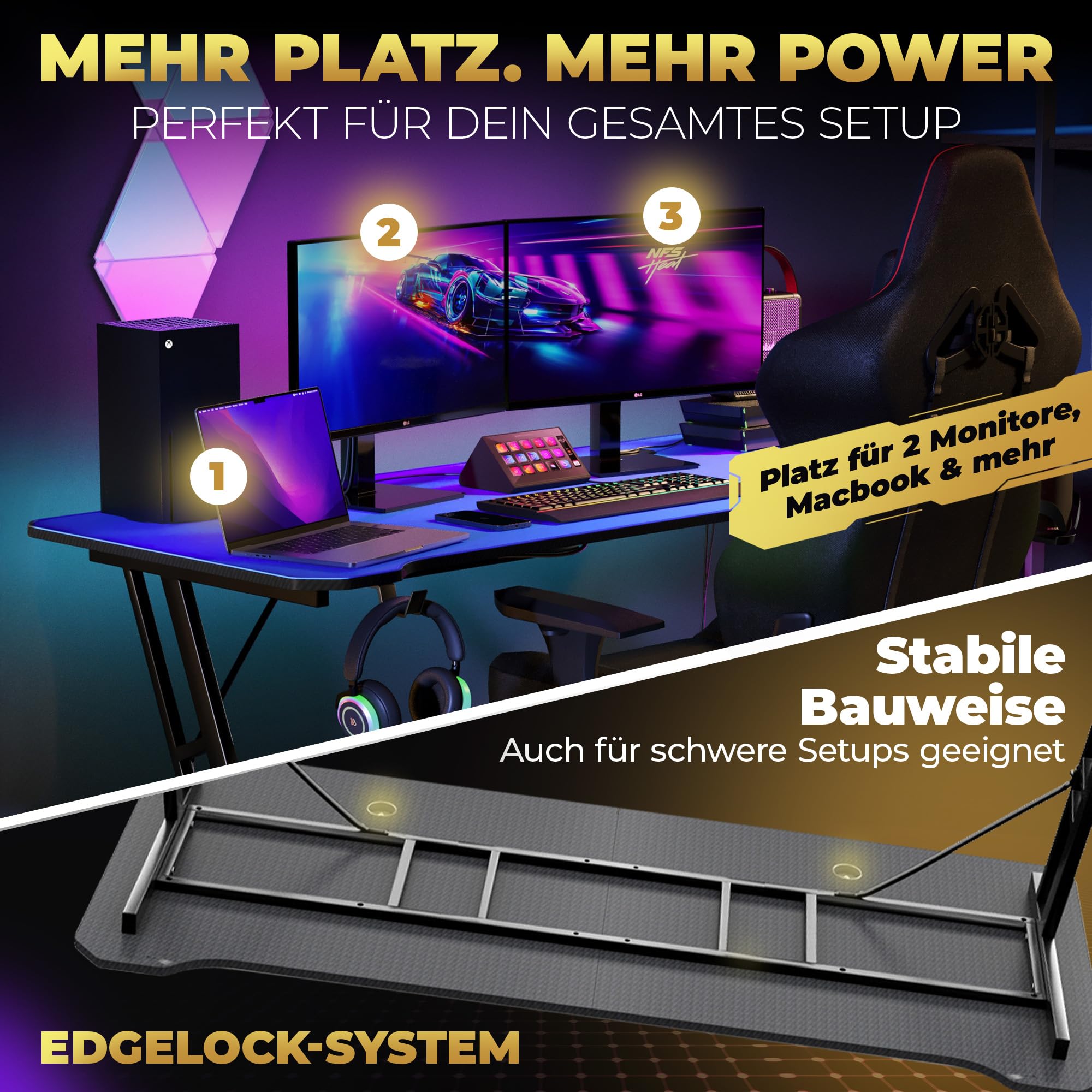 Gaming Tisch 160x70 – Schreibtisch mit XXL Mauspad & Kabelmanagementsystem – für PC Zocker & Gamer | Blau