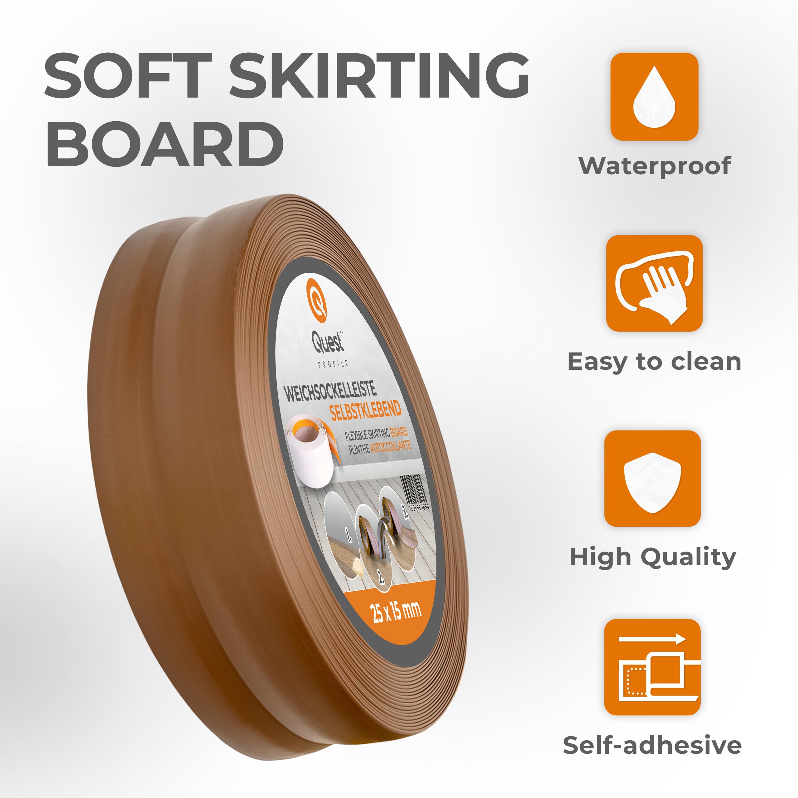 Quest Rodapié Flexible PVC 25x15 mm Autoadhesivo - Marrón, 15 m