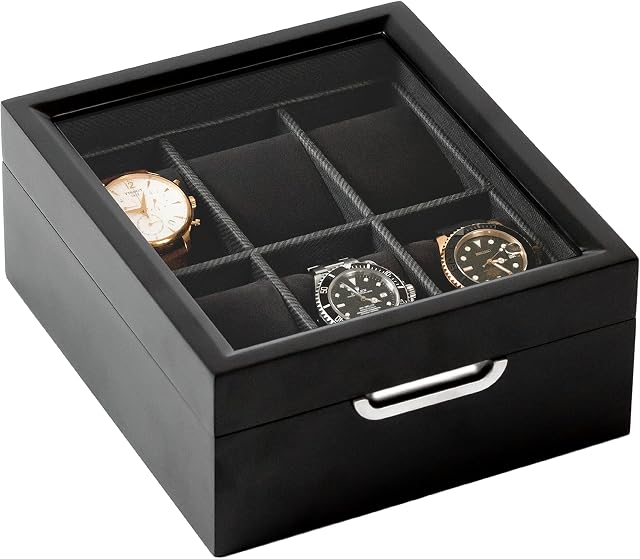 CASE ELEGANCE Watch Box Modern 2x3 Black Finish with Custom Aluminum Handle 6-Slot with Real Glass