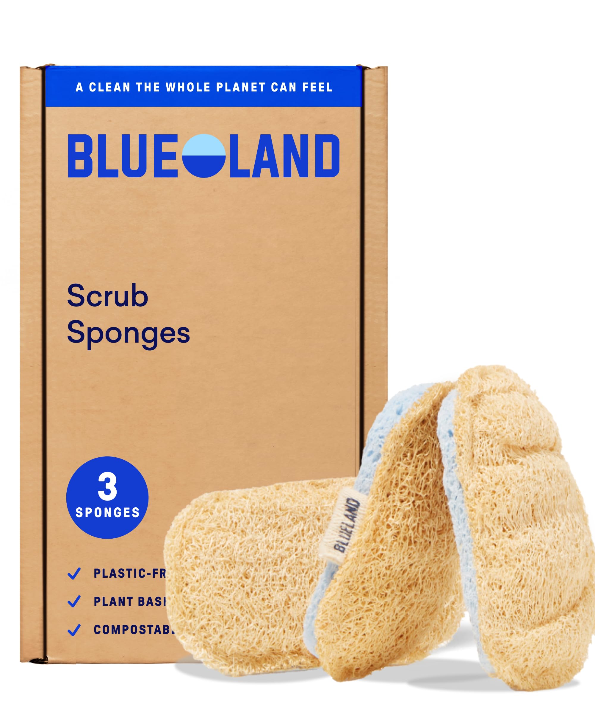 Scrub Sponge, 3-Pack, Dual-Sided Dish Loofah, Plastic-Free, Plant-Based Kitchen Scrubbing Non-Scratch