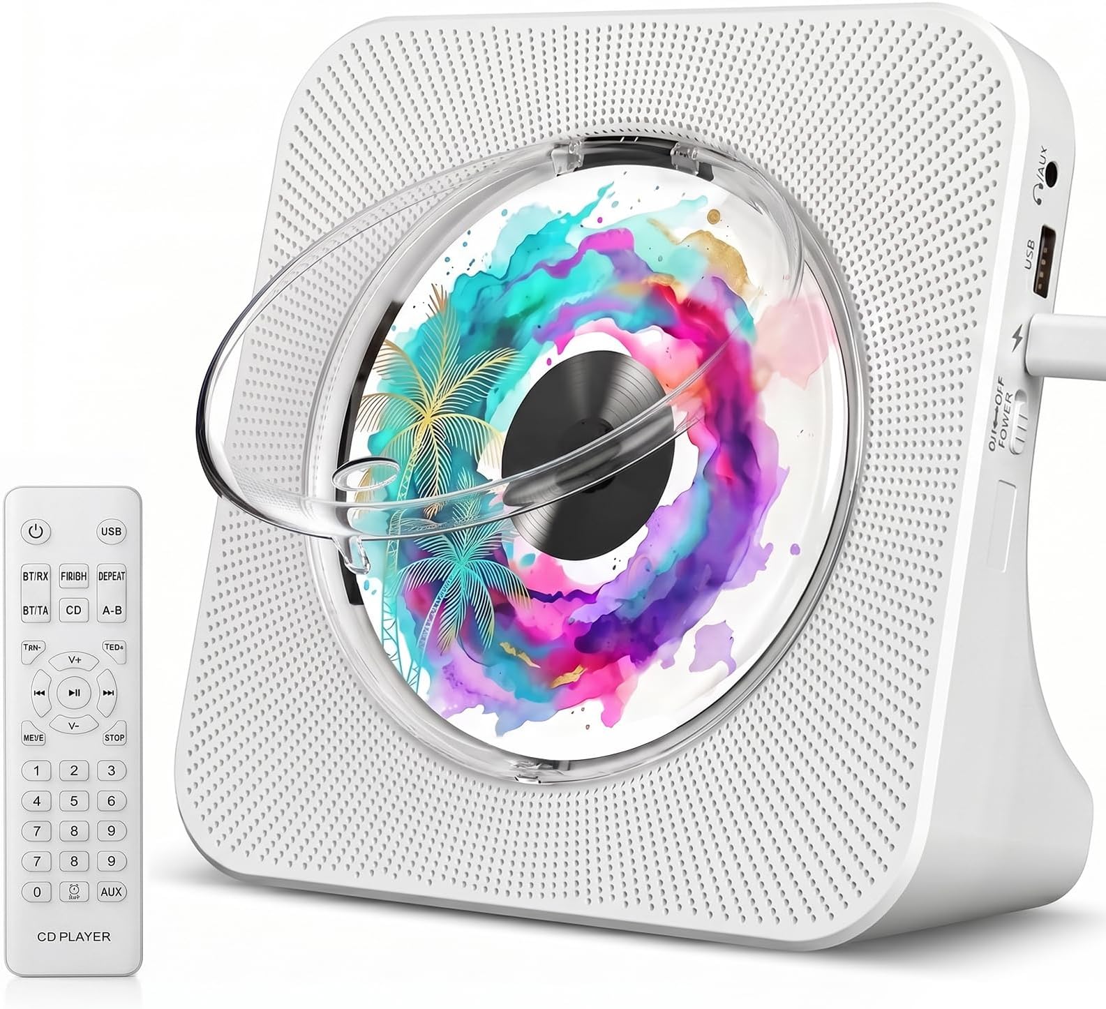 Portable CD Player with Bluetooth, Gueray Desktop CD Players for Home, Bulit-in Double HiFi Speakers, AUX&Headphone Jack, FM Radio Boombox with Remote Control, USB Port,LCD Display (White)