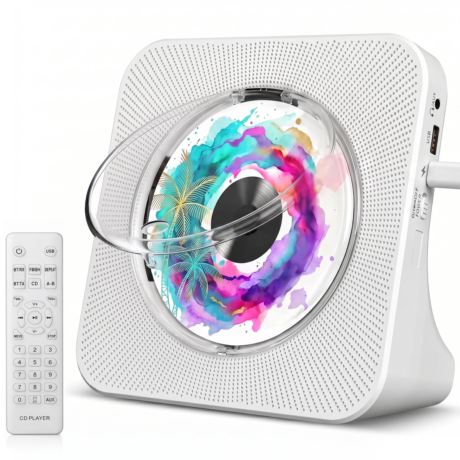 Gueray Lecteur CD Portable Mural Lecteurs CD Bluetooth de Bureau pour la Maison, Double Haut-parleurs HiFi Intégrés, Prise AUX et Casque, Radio FM Boombox avec Télécommande Port USB Écran LCD