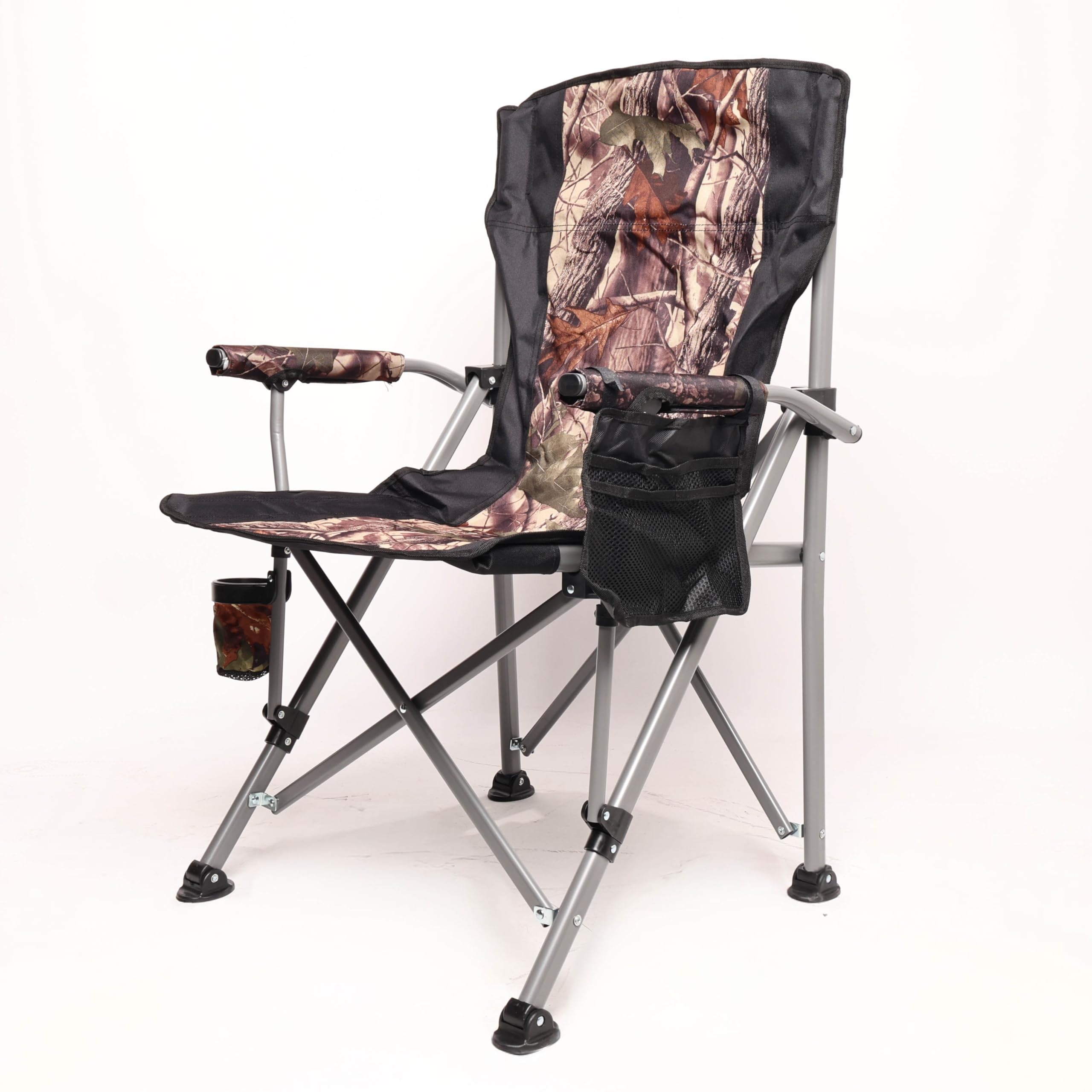 TCTNT Deluxe Folding Camping Chair, 600D Oxford Fabric, with Cup Holder, Side Storage Bag, Supports up to 150kg (Camo/Black)