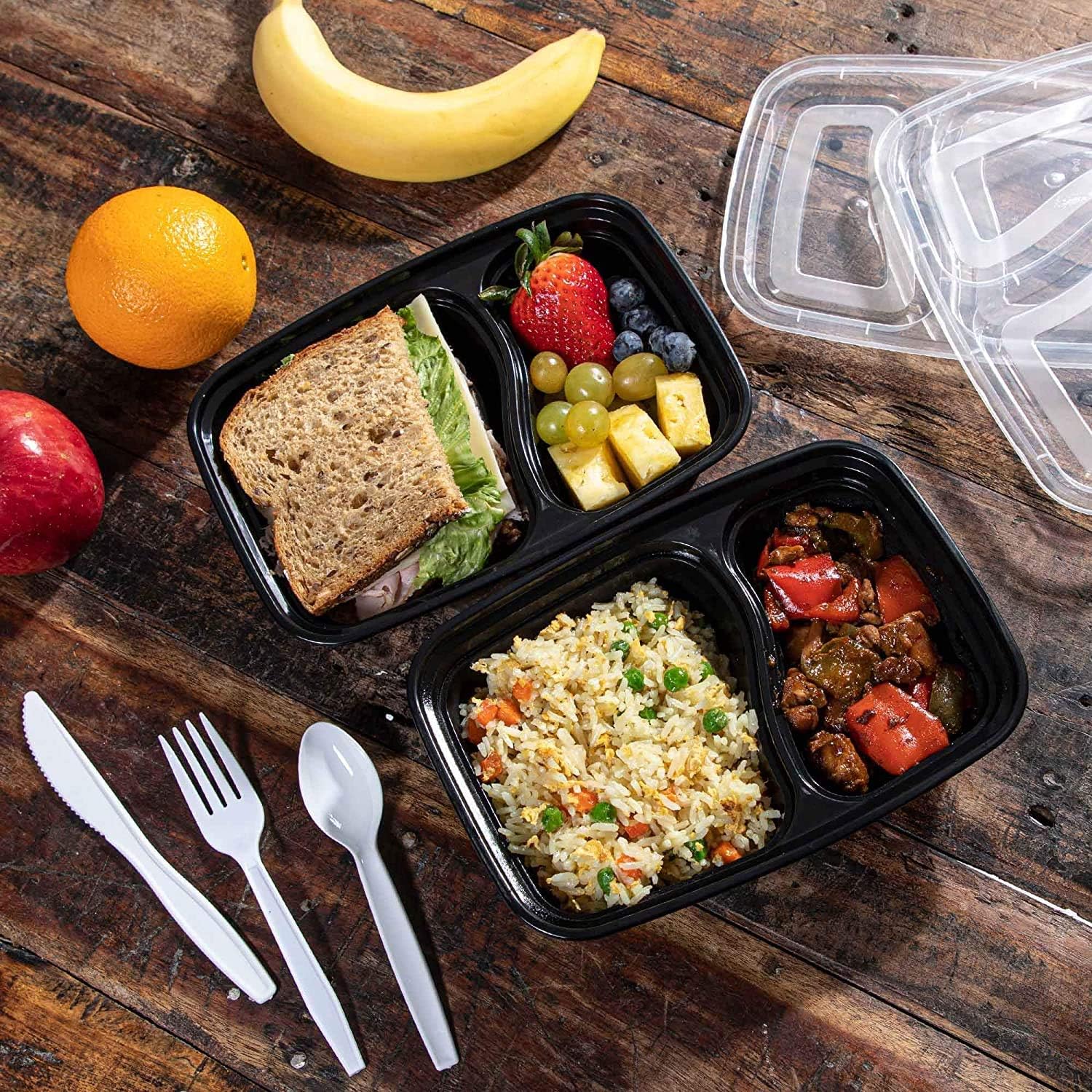 I00000 55 pack Meal Prep Containers with Lids, 28 oz Black Rectangular Lunch Containers, 2 Compartment Food Storage Bento Box-Microwaveable, Freezer & Dishwasher Safe: Home & Kitchen