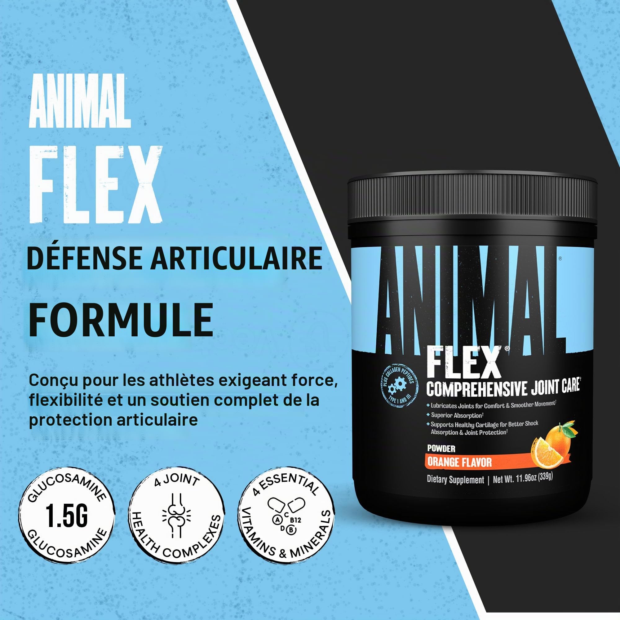 ANIMAL Flex Comprehensive Joint Care Orange - 4 complexes uniques pour les articulations, les os et le cartilage - avec vitamines A et E, glucosamine, huile de lin et acide hyaluronique - 348 g
