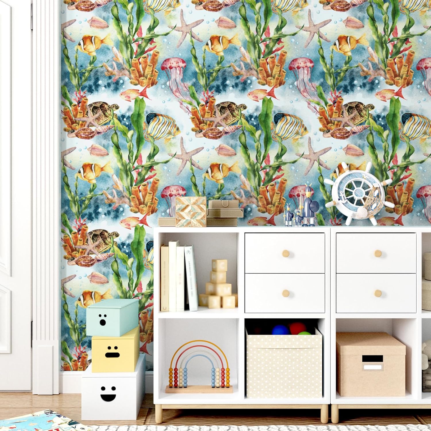 Ocean Wallpaper Pee and Stick Coastal Sea Jellyfish Starfish Seahorse Seaweed Fish Wallpaper Marine Life Animal Temporary Self Adhesive Contact Paper for Cabinets Bathroom Bedroom 17.5"x102"