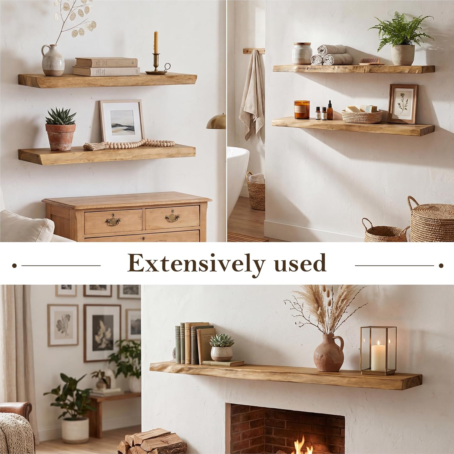 Acovy 24" Long 8" Extra Deep Live Edge Solid Locust Wood Floating Shelves, Invisible Bracket Mount, Set of 2 Natural Rustic Wall Shelves for Living Room Bathroom Bedroom Kitchen