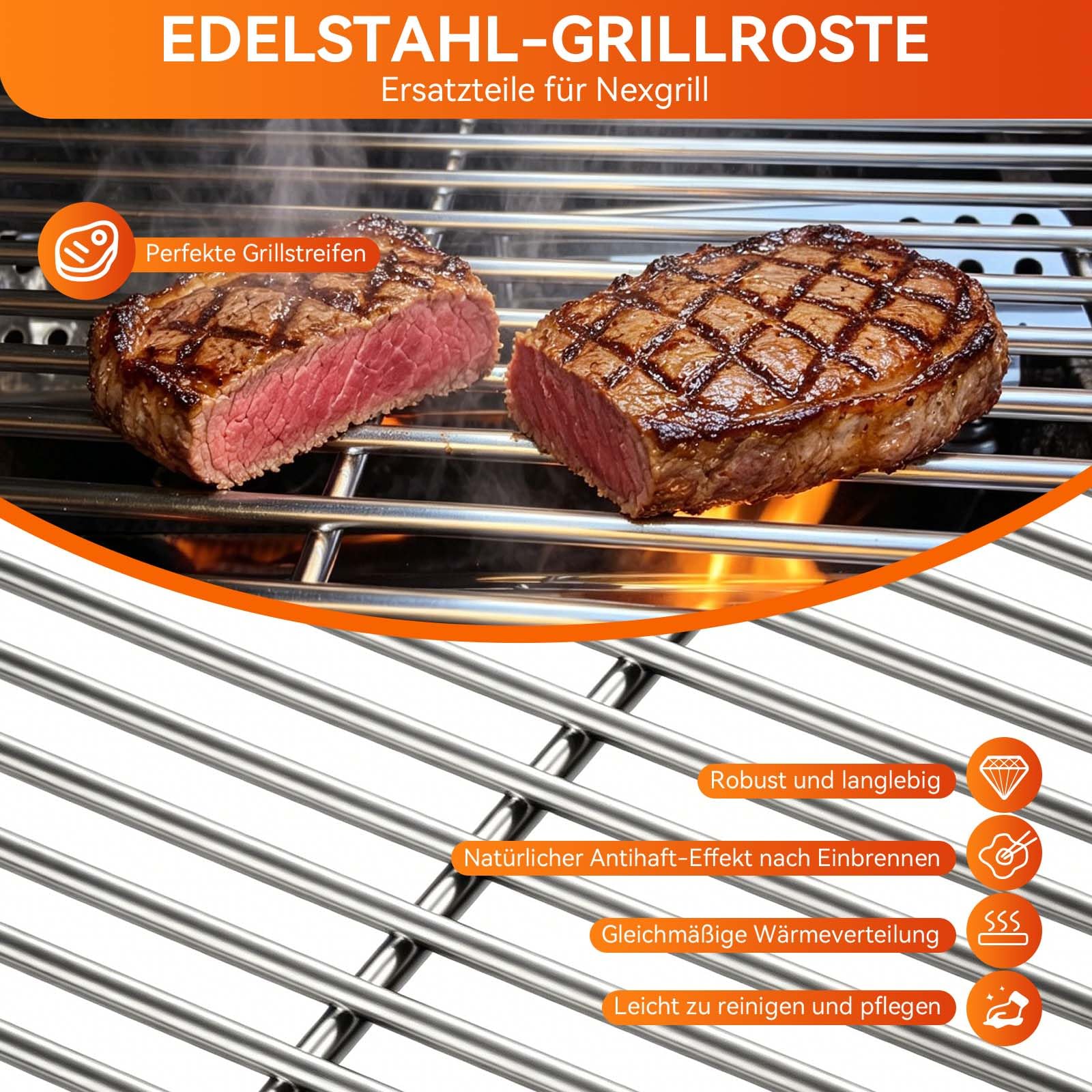 Grillrost Edelstahl 43 cm für Enders Boston Monroe PRO 4, Gasgrills Ersatz für Landmann Triton, Broil King Baron/Crown, Napoleon LEX 485, Nexgrill 4-Brenner - 7mm Massive Grillroste - 2 Stück