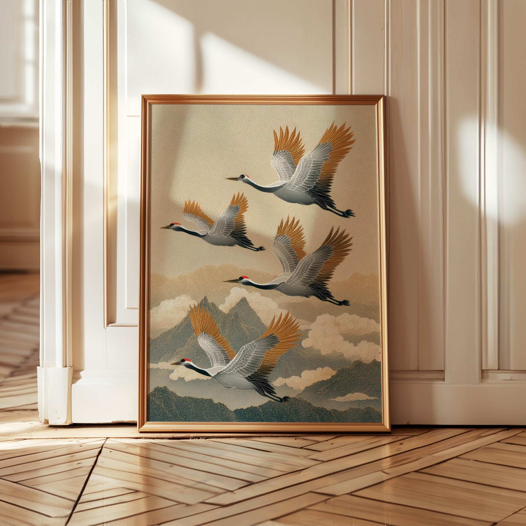 LMYCHENG Obraz na płótnie z latającym żurawiem, górski krajobraz w stylu Ukiyoe, spokojny obraz ścienny do dekoracji domu (60 x 80 cm/wewnętrzna rama)
