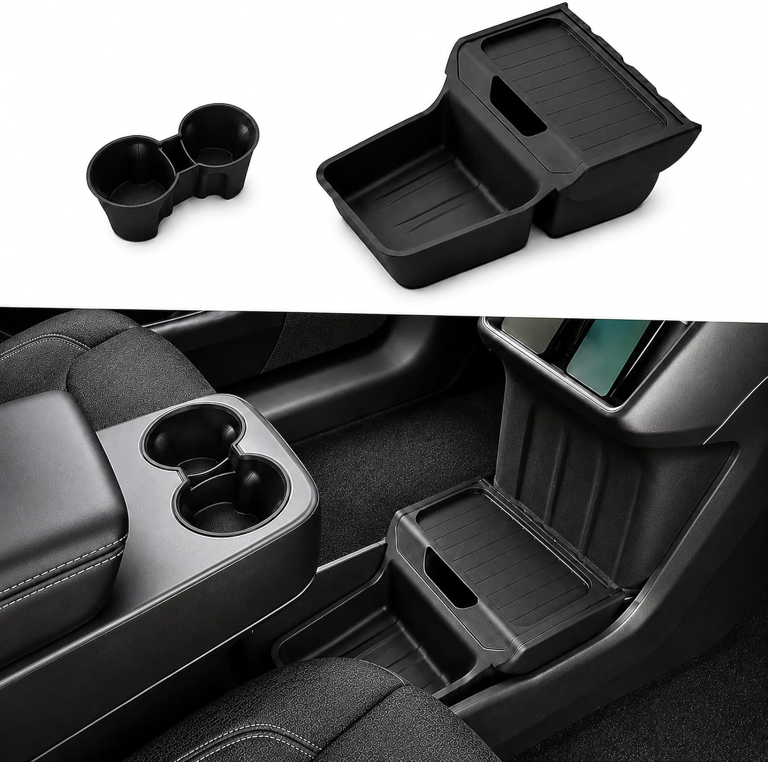 Lower Center Console Organizer for Model Y RWD Standard 2025 2026, Hidden Under Console Storage Tray Box with Cup Holder Insert, Custom Fit TPE Interior Accessories Compatible with Tesla Model Y