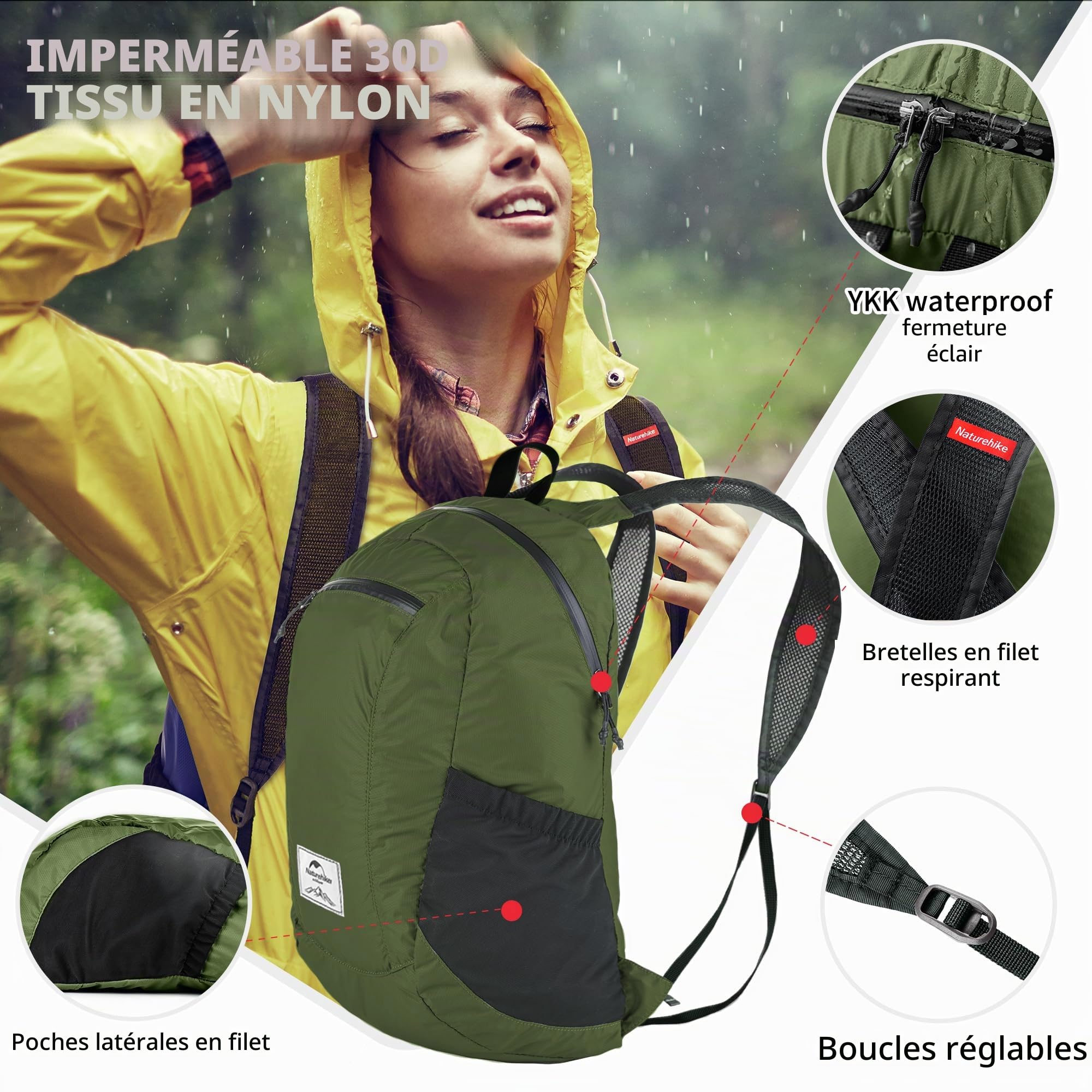 Naturehike Ultra léger Sac à dos de randonnée 18L/22L/25L/30L Homme Femme Pliable étanche pour la Randonnée, le Camping, les Voyages en Plein Air