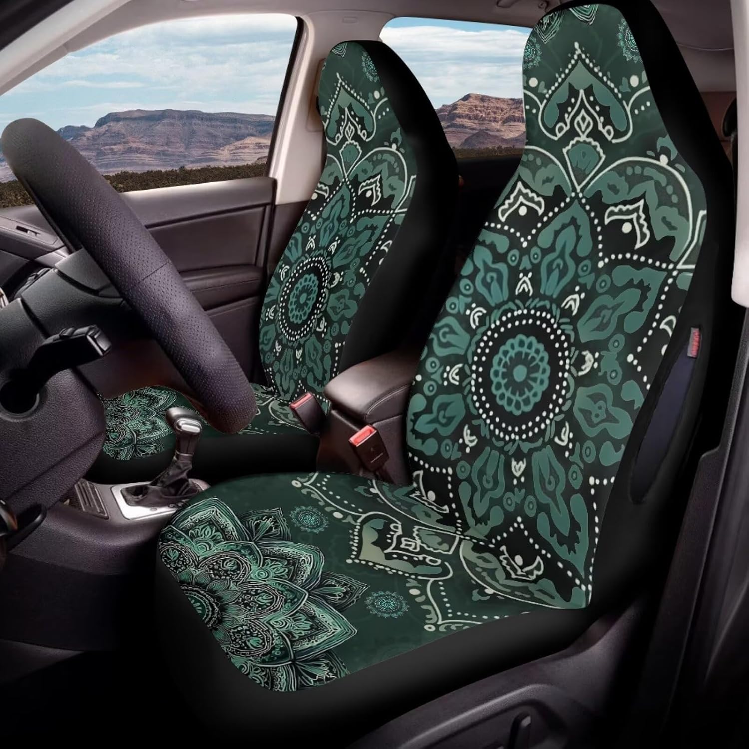 Bulopur Green Bohemian Car Seat Covers Waterproof Fabric Stretchy Car Front Seat Covers Washable Removable Auto Accessories for Women Girly Interior Protectors 2 Pack