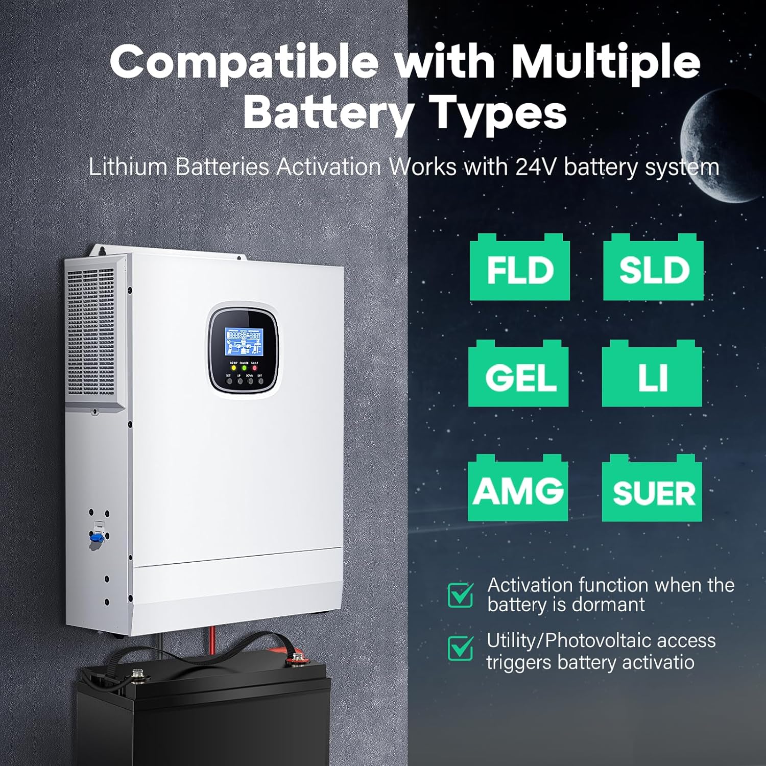 POWLANG 3000W Solar Hybrid Inverter with WiFi, Pure Sine Wave Inverter 24V to 110V/120V & Built-in 60A MPPT Controller, Work with 24V Lead Acid/LiFePO4 for Homes, RVs