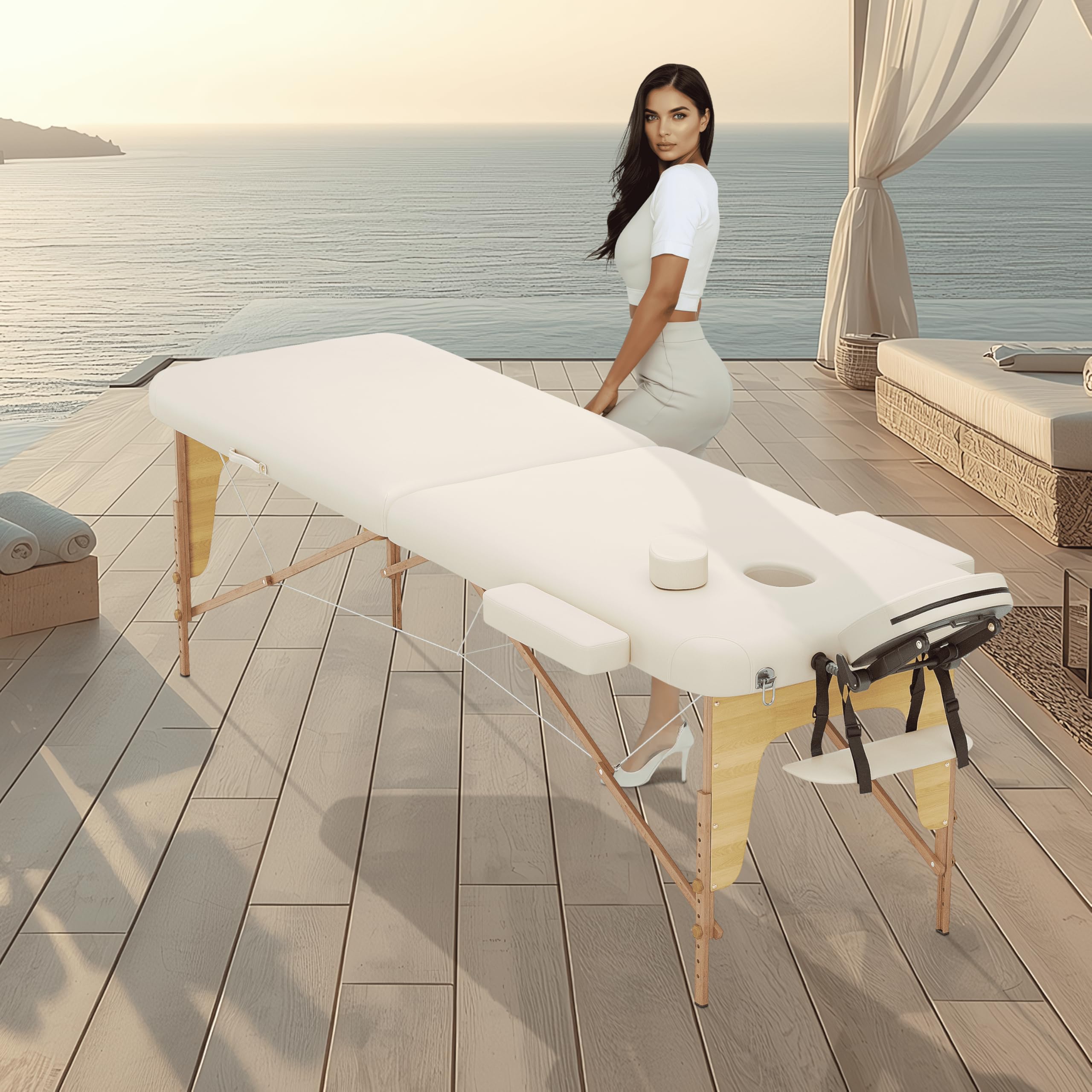 BELTOM® Table de Massage 2 Zones Portables Cosmetique lit esthetique avec Panneau Reiki - Crème