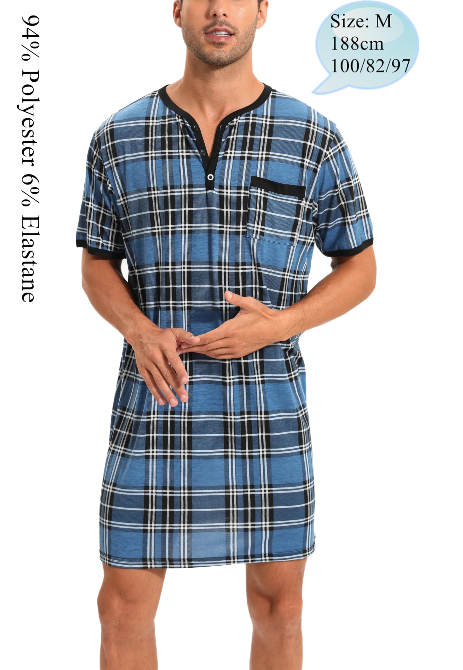 Chemise de Nuit Homme Pyjama Manches Courtes Hauts de Pyjama Homme Tee-Shirt Long Col Rond avec Boutons Vêtements d'Intérieur T-Shirt Grande Taille Douce Confortable