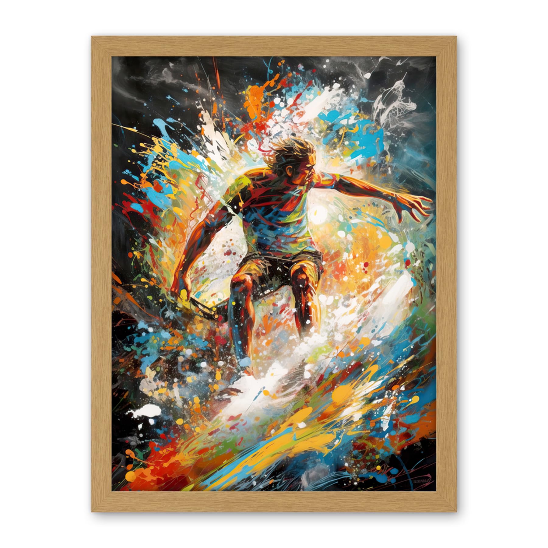 Artery8 Surfer Surfing on Crashing Waves Splatter Paint Artwork Framed Wall Art Print 18X24 Inch