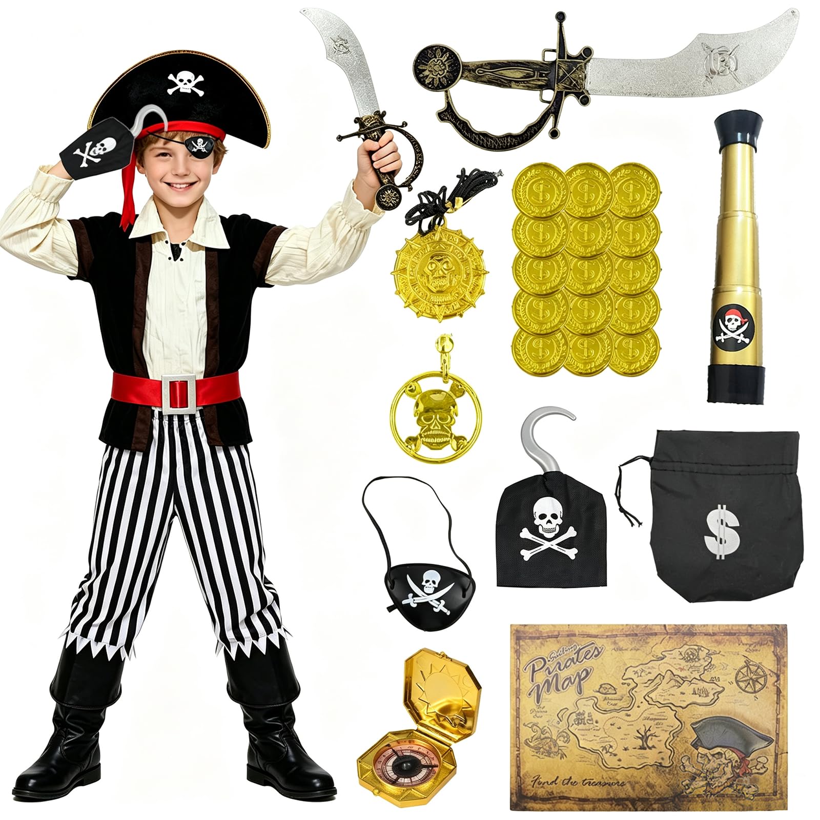 YAEGIMHT Pirate Costume Kids with Pirate Accessories, Kids Dress Up Costumes with Pirate Hat, Eye Patch, Telescope, Map, Compass, Halloween Carnival World Book Day Costumes for 4-7 Todders Kid Gift