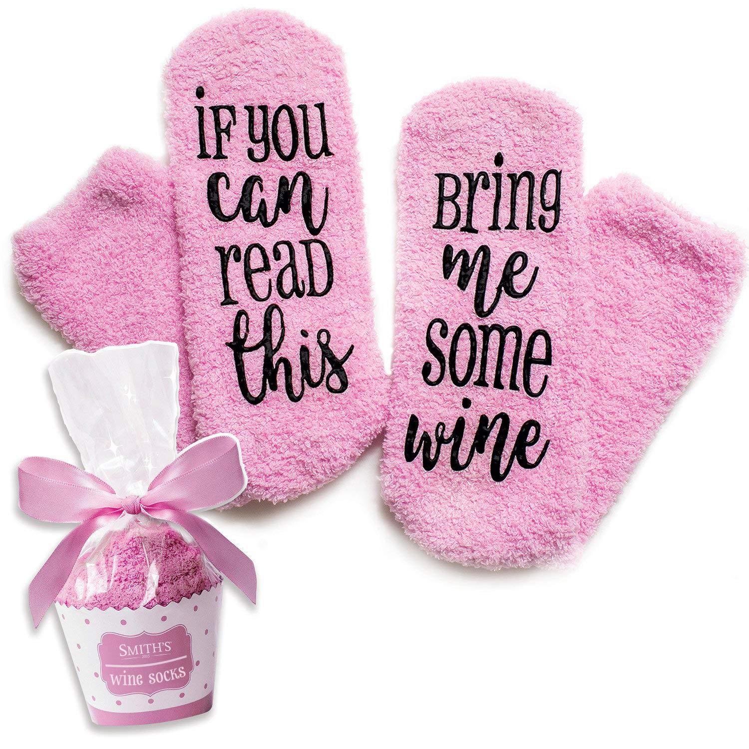 “If You Can Read This Bring Me Some Wine” Socks with Cupcake Gift Packaging by Smith's® | (Colour: Pink)