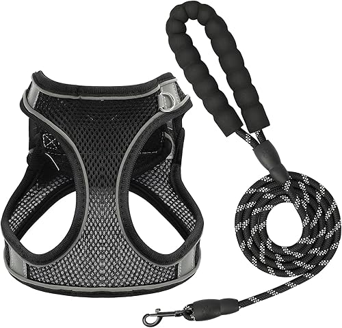 Miniatura 1 de PetsHome Juego de arnés y correa para perro, malla suave sin estrangulamiento, arnés ajustable reflectante para cachorros, arnés de chaleco a prueba