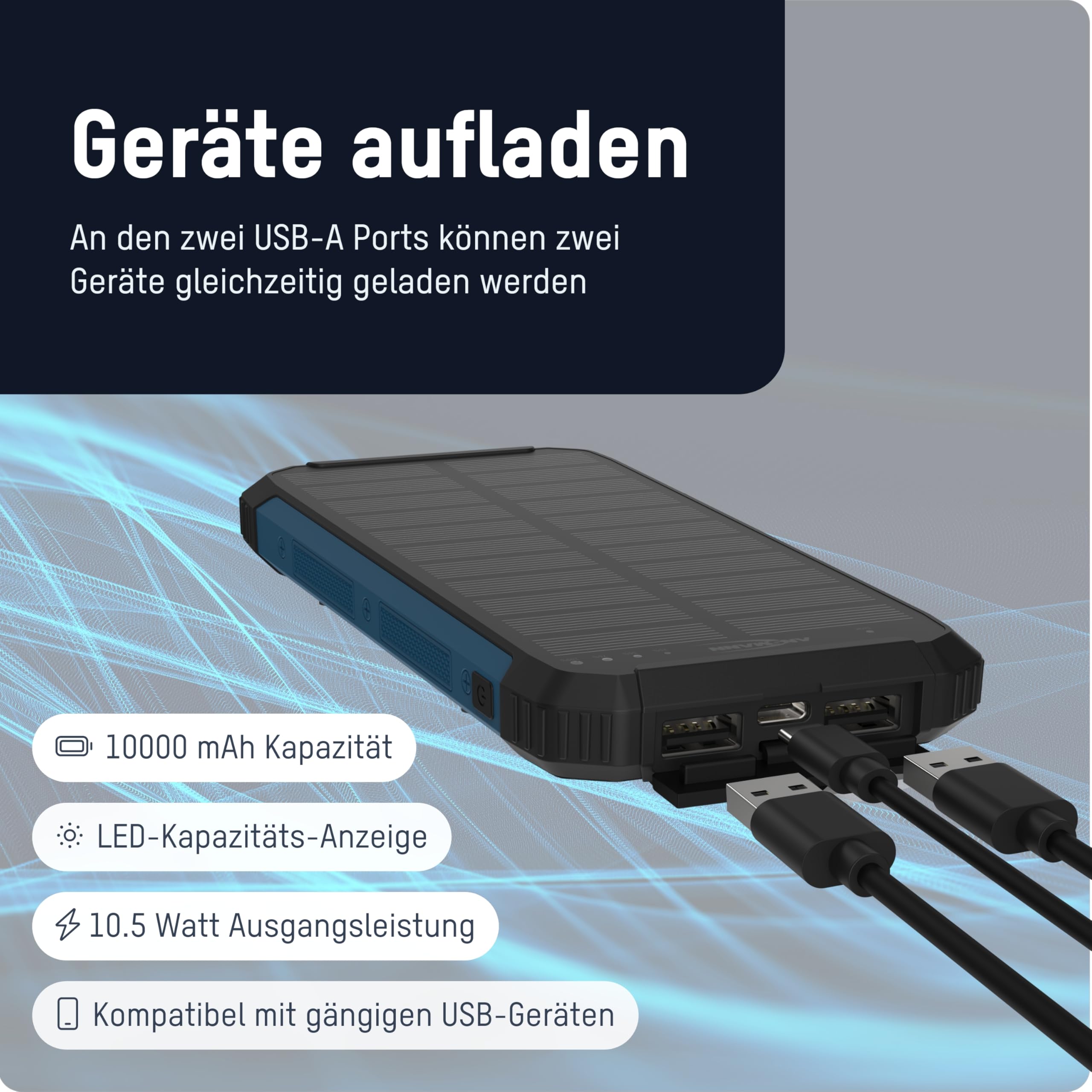 ANSMANN Solar Powerbank 10000 mAh, Outdoor Ladegerät Wireless, mit Solarpanel & Taschenlampe, 2 USB-A Ausgänge, USB-C Eingang, Smartphones, Tablets & mehr