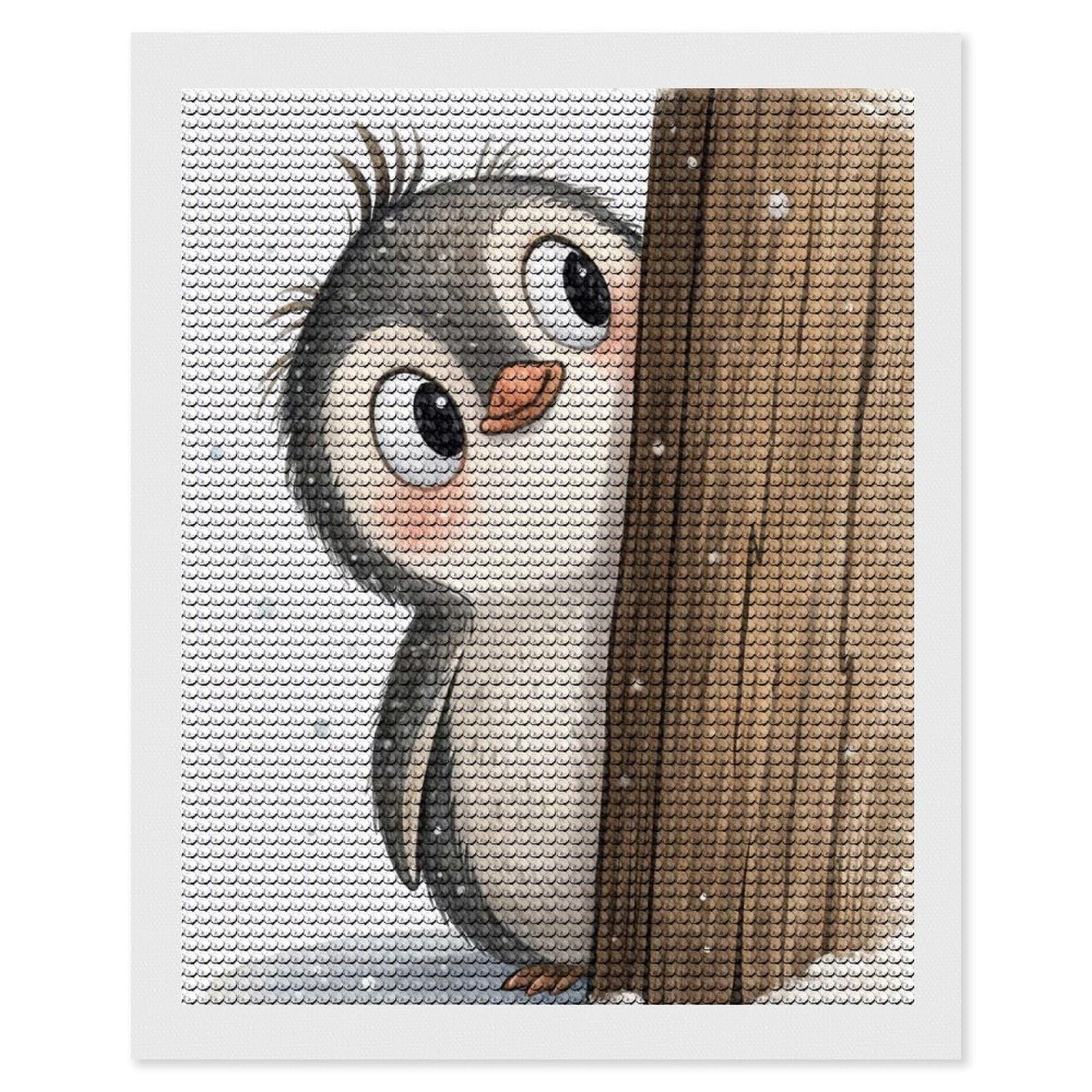 Junmoney Cute Penguin Peeking Behind A Wooden Post Diamond Art Canvas 16"x20", for Family Craft Time, Creative Leisure Activity, Living Room Decor, Festive Craft Gift
