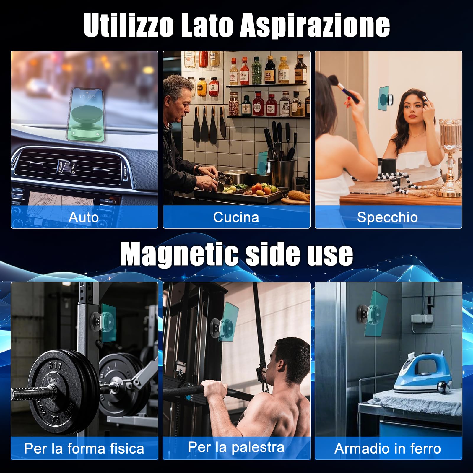 WODHMIEY Supporto Magnetico Sottovuoto Per Telefono Da Auto Con Rotazione A 360°, Design Double Face: Magnete E Vuoto, Adatto Per Auto, Case,Adatto Per metalliche (Nero, Ricarica)