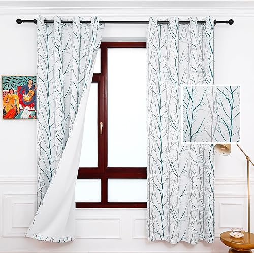 Reepow Cortinas de ventana para sala de estar, juego de 2 paneles de 96 pulgadas de largo, cortinas opacas con patrón de árbol verde y gris para