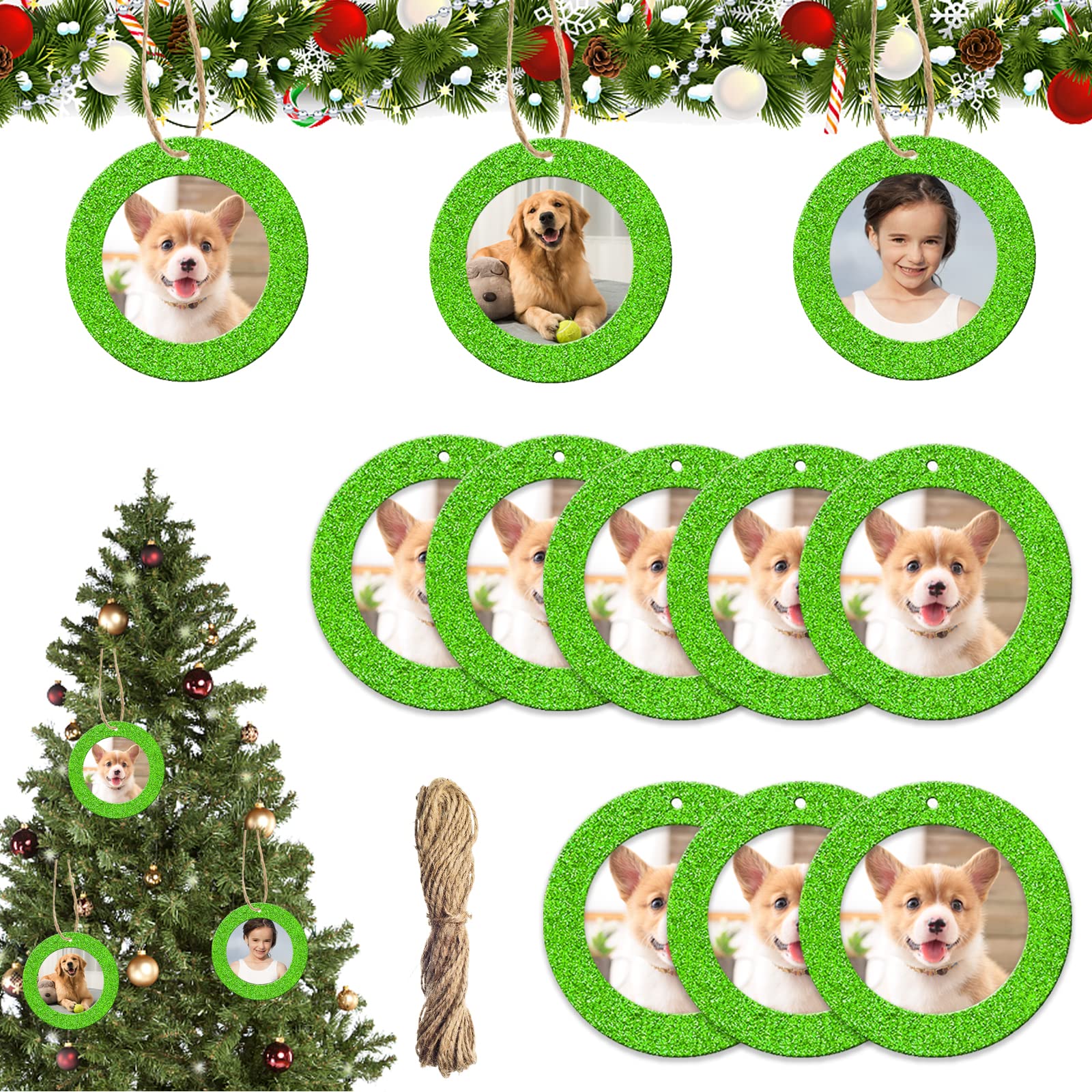 12 Pieces Magnetic Christmas Photo Frame Ornaments with Twine, Glitter Round Holiday Picture Frames Gifts and Tree Decoration for Christmas Party Favor (Green)