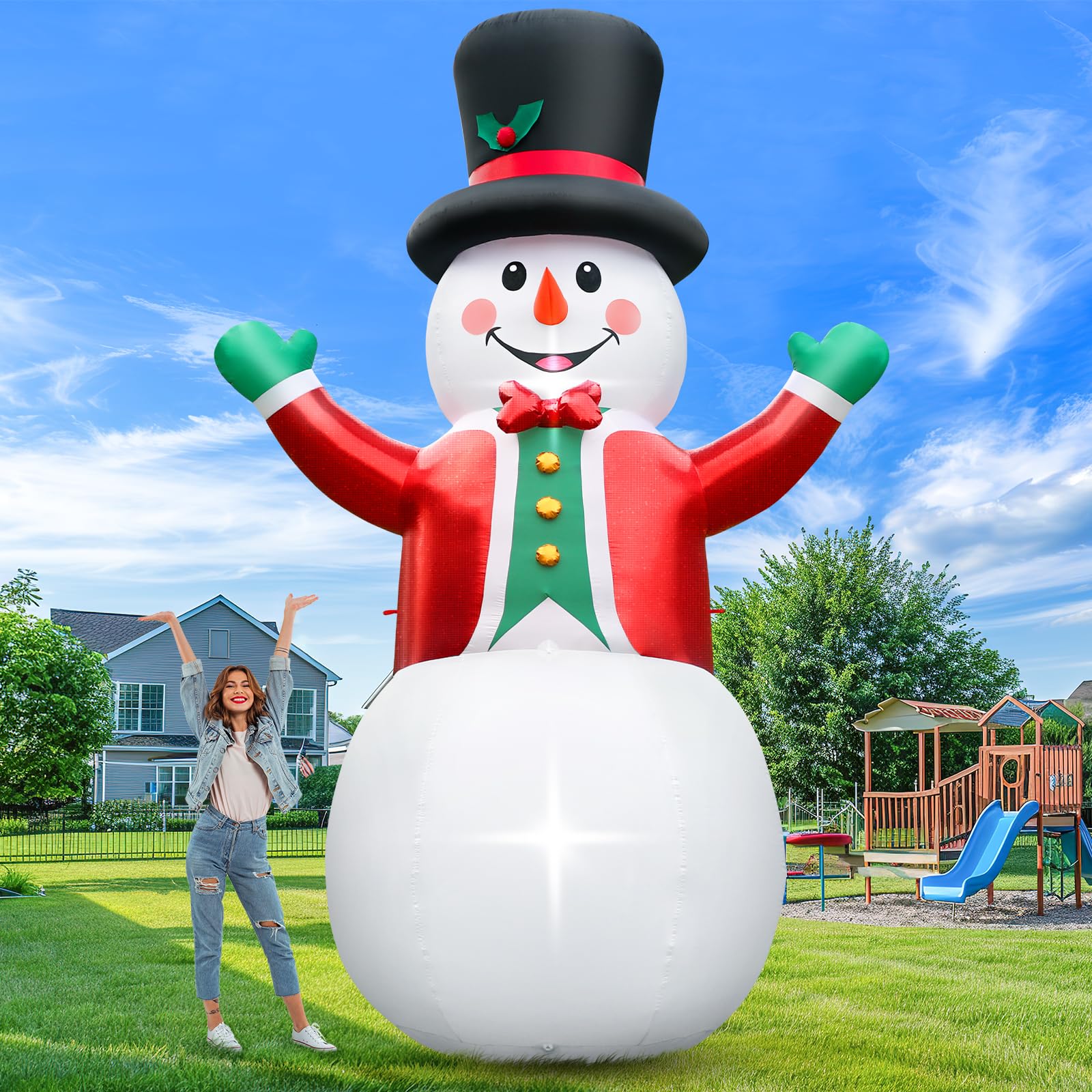 FunFanso Bonhomme de neige géant gonflable de 3,7 m - Bonhomme de neige gonflable - Chapeau magique et costume rouge - Lumières LED lumineuses intégrées pour vacances, pelouse, cour, jardin, terrasse