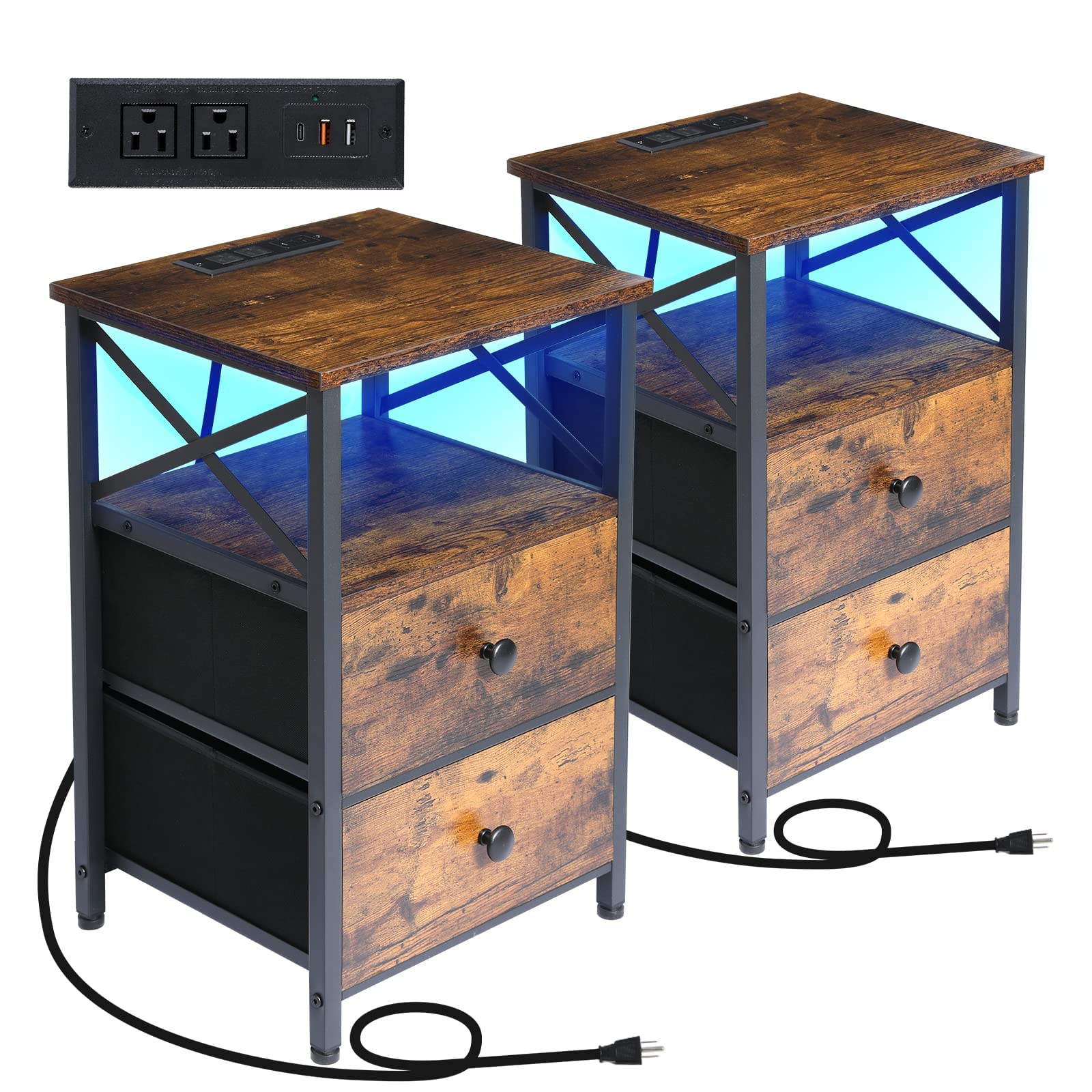 AMHANCIBLE LED Nightstands Set of 2, End Tables Living Room with Fast Charging Station, Bedside Table with USB C Charger Port and Power Outlet, Night Stand with 2 Drawers for Bedroom HET052LBR