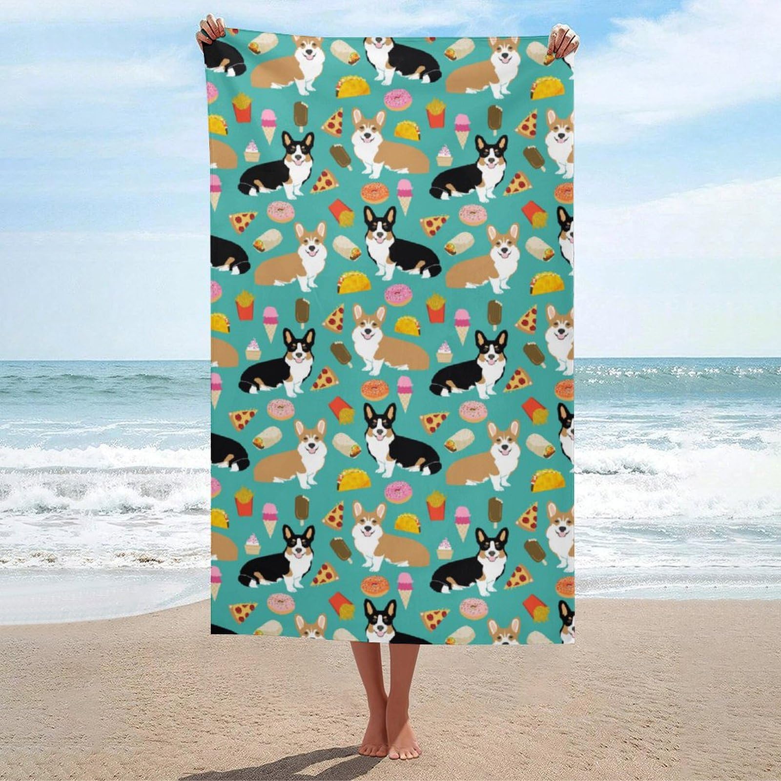 LEDFCVSU Beach Towel, Cute Corgi Bath Towel, Absorbent Towel for Swimming, Sports, Travel
