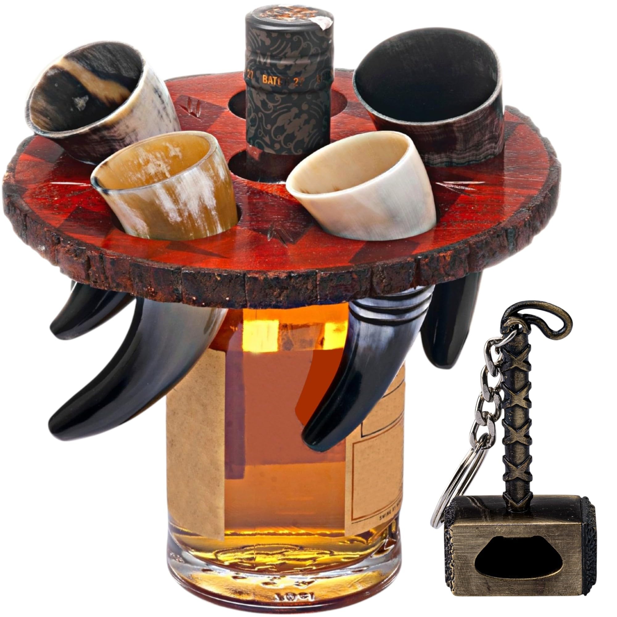 FENRIR Set of 5 Engraved Shot Glasses with Coasters, Horn Cup with Wooden Serving and Storage Bowl, Handmade Drinking Set